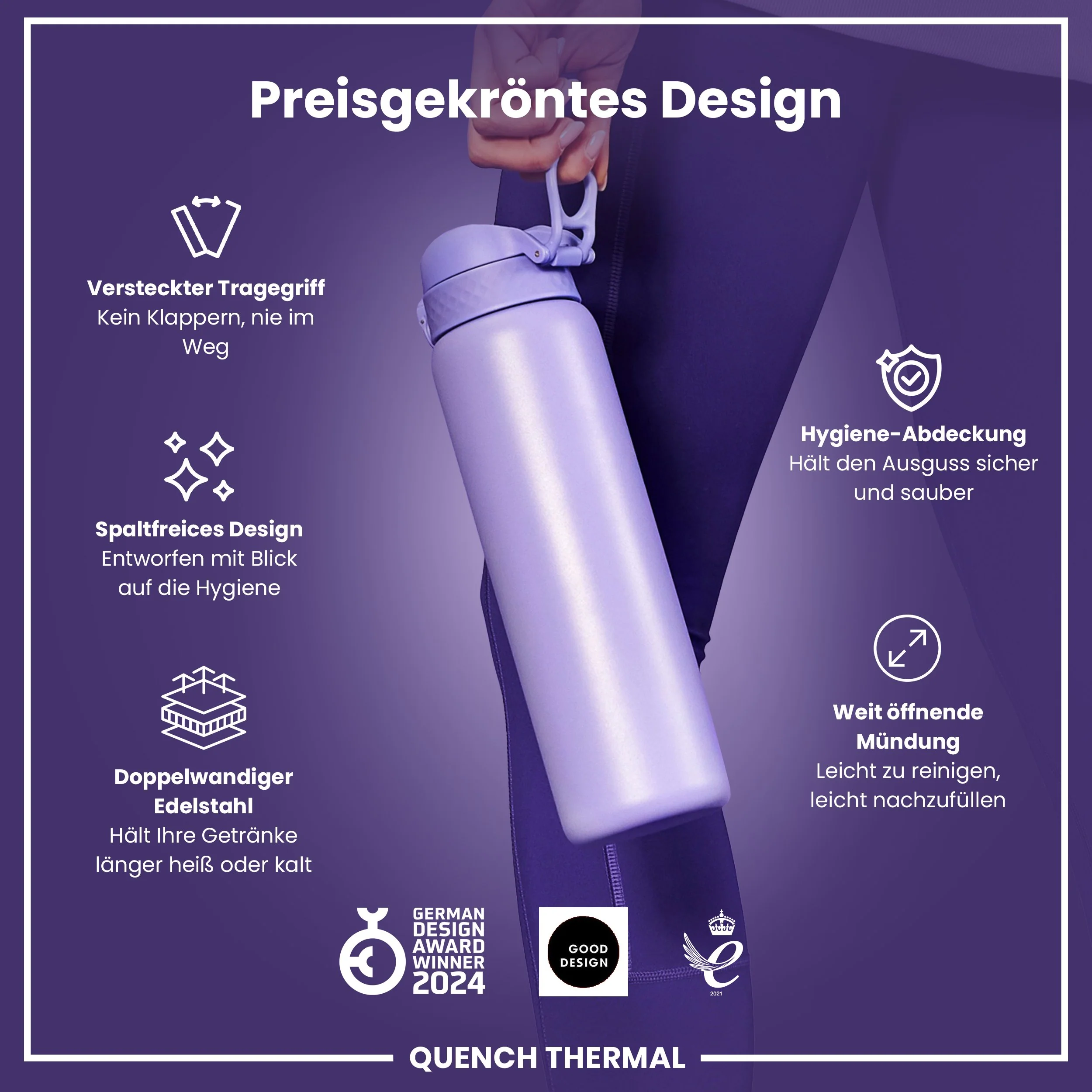 Isolierte Edelstahl-Trinkflasche, Helllila, 1 L - Image 6