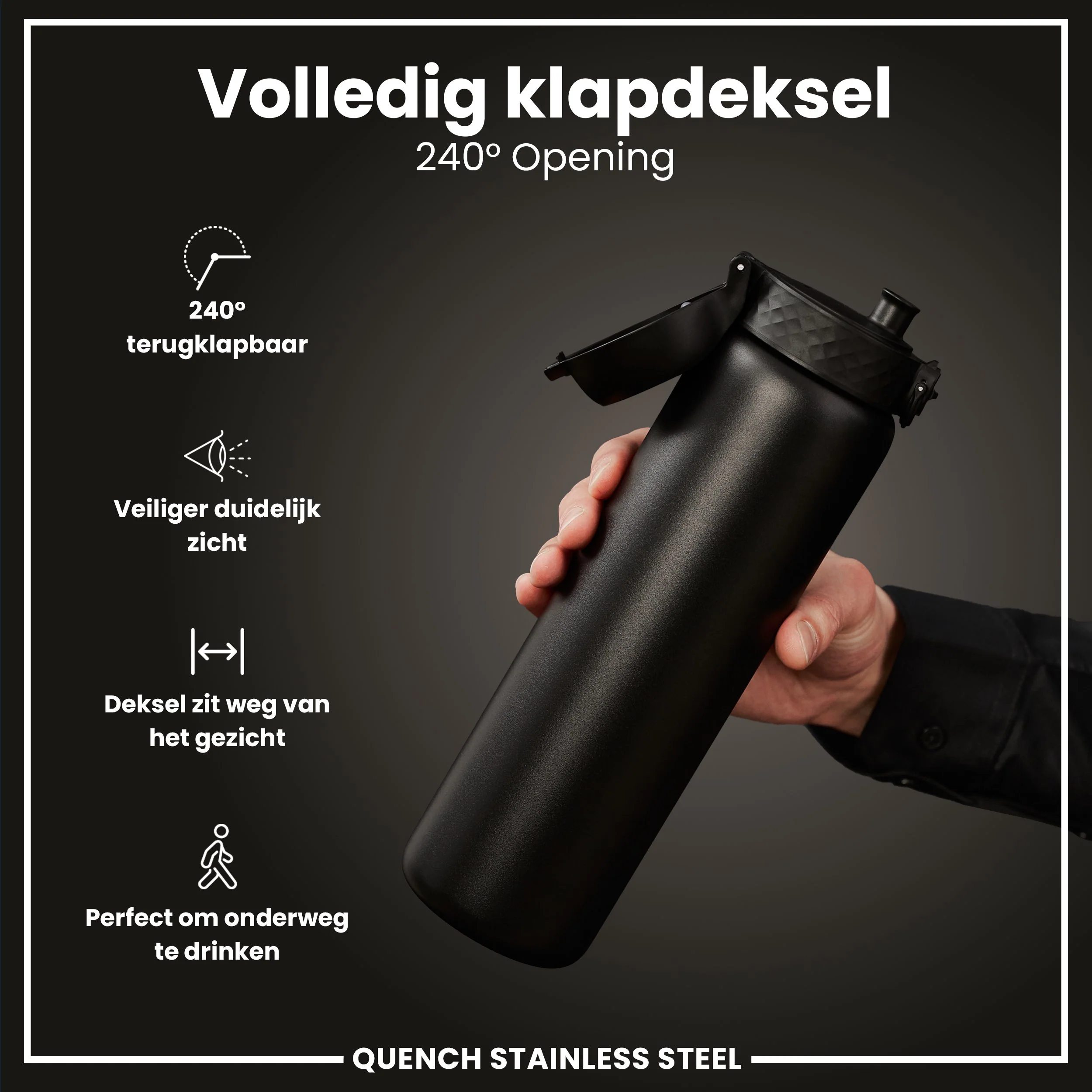 Leichte Edelstahl-Trinkflasche, Schwarz, 1 L - Image 4