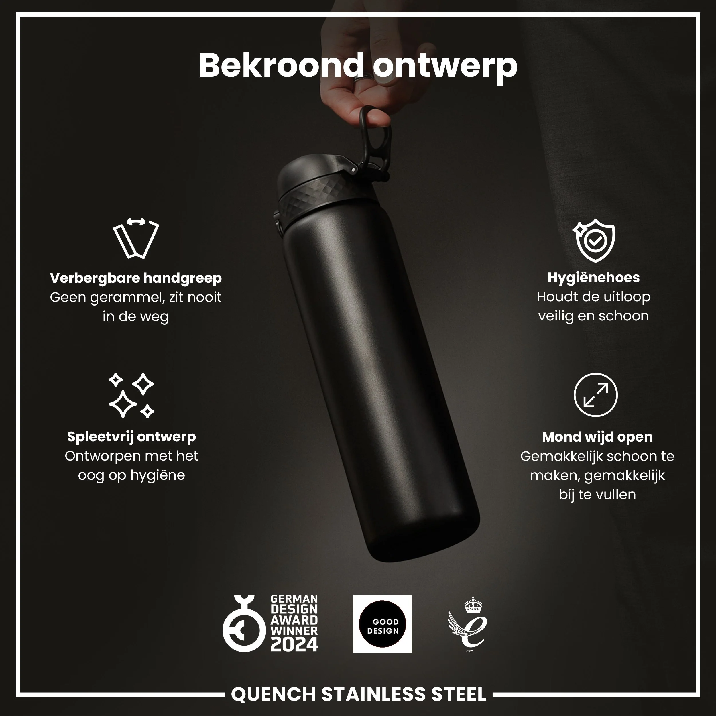 Leichte Edelstahl-Trinkflasche, Schwarz, 1 L - Image 6