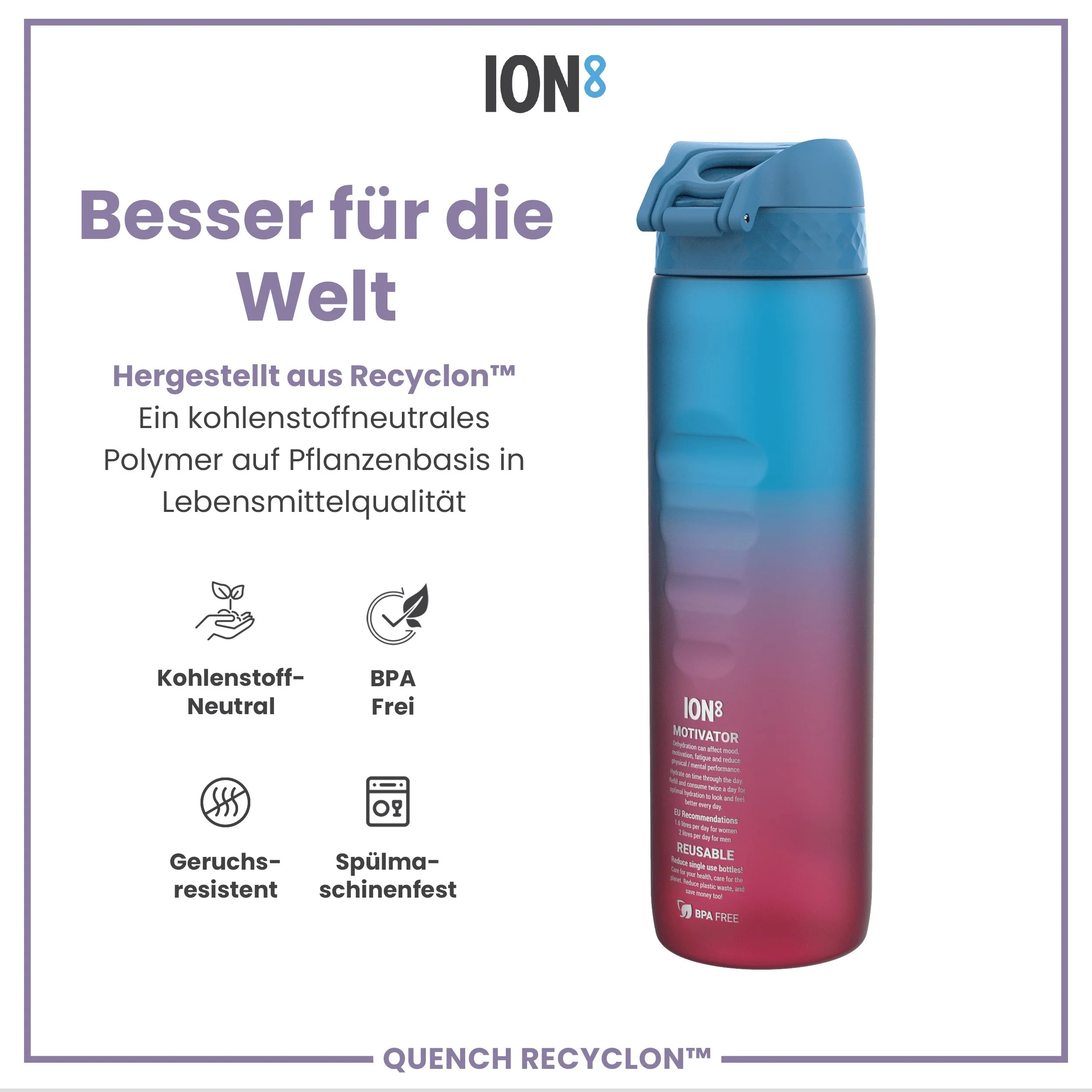 Recyclon-Trinkflasche mit Trinkzeiten, Blau & Pink, 1 L - Image 5