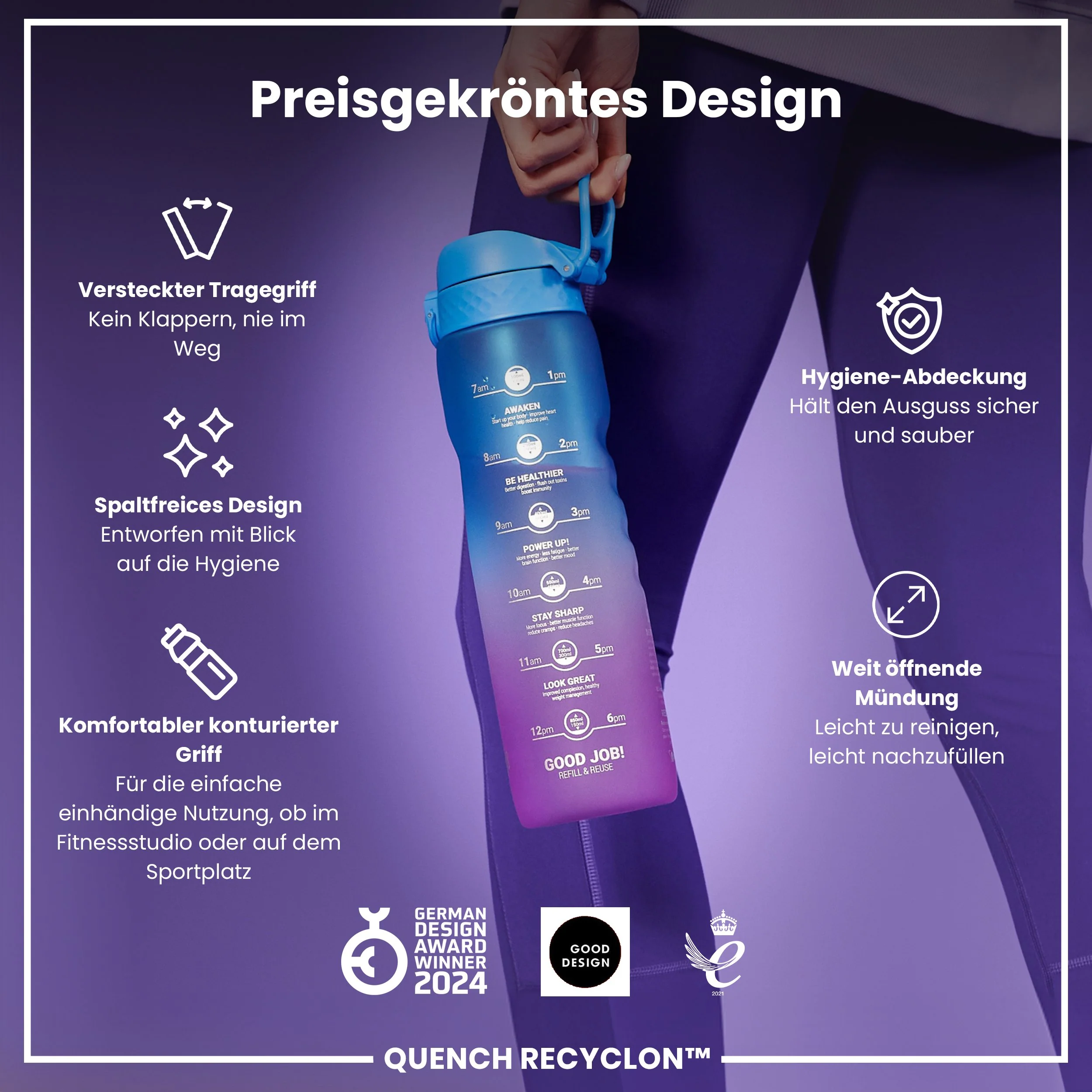 Recyclon-Trinkflasche mit Trinkzeiten, Blau & Pink, 1 L - Image 6