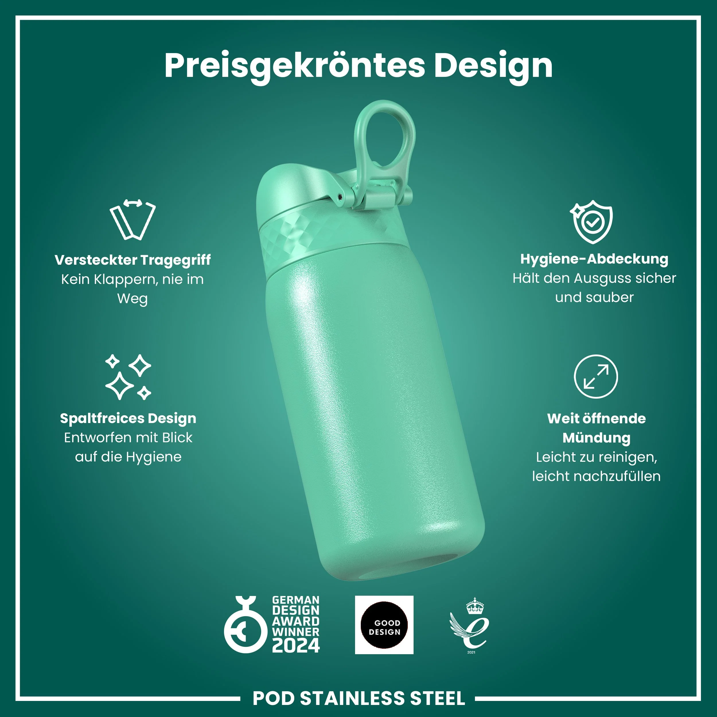 Leichte Edelstahl-Trinkflasche, Türkis, 400 ml - Image 6