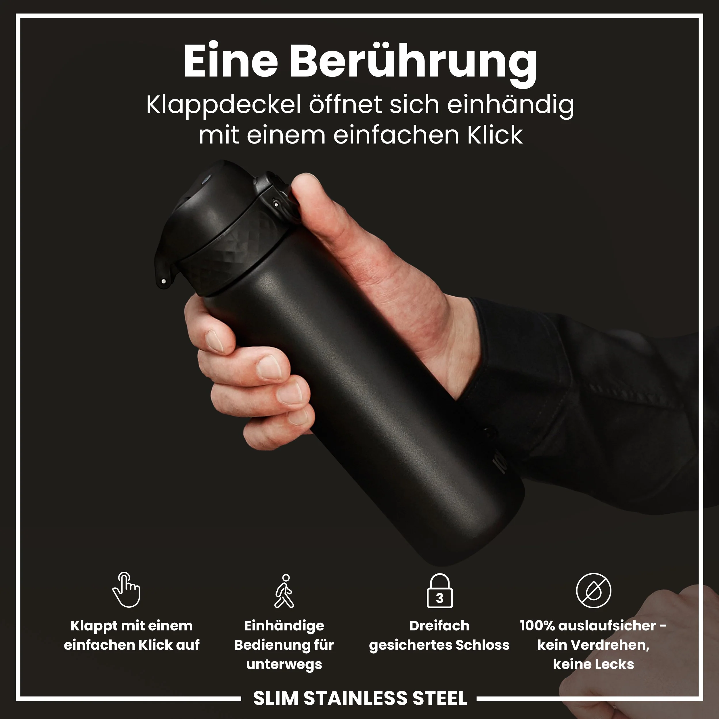 Leichte Edelstahl-Trinkflasche, Schwarz, 600 ml - Image 3