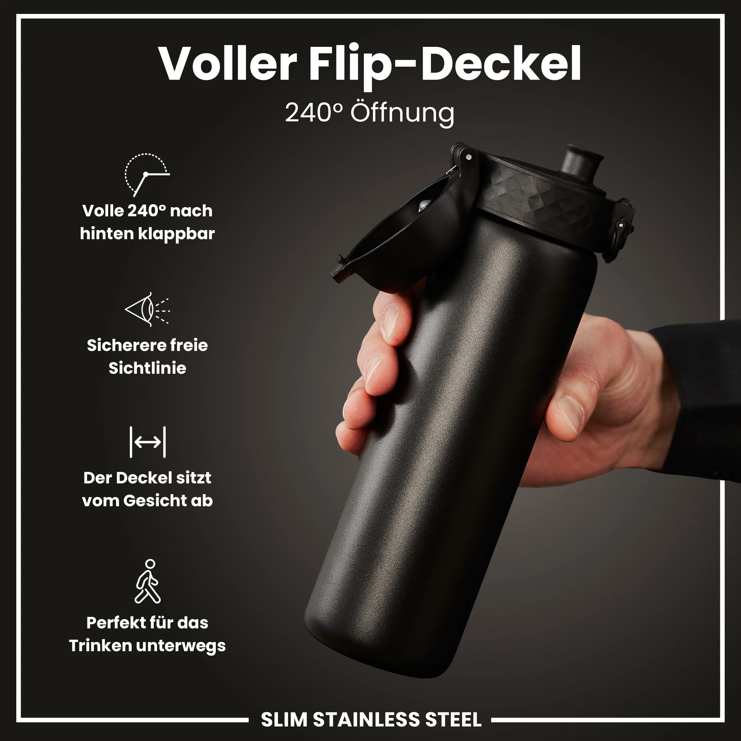 Leichte Edelstahl-Trinkflasche, Schwarz, 600 ml - Image 4