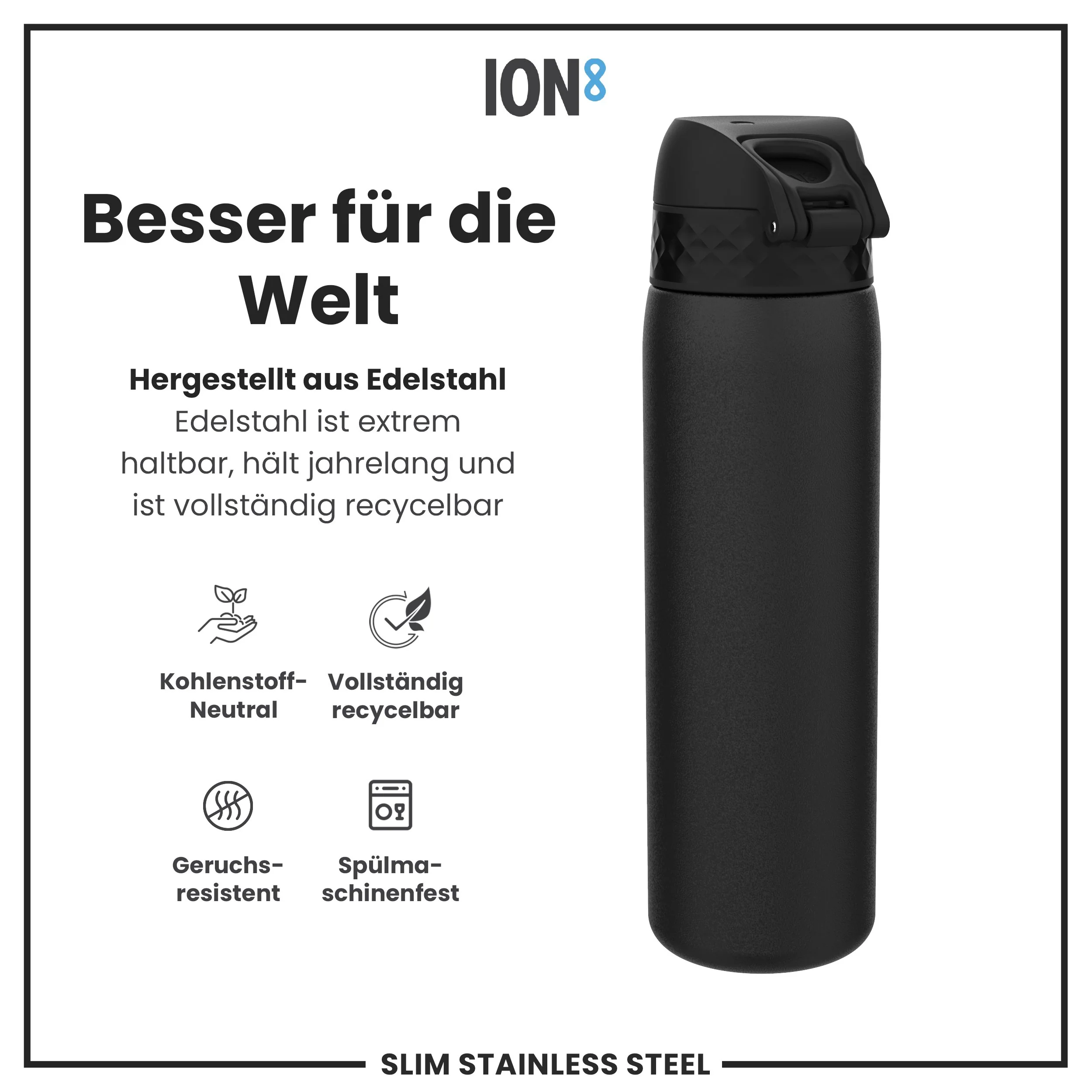 Leichte Edelstahl-Trinkflasche, Schwarz, 600 ml - Image 5