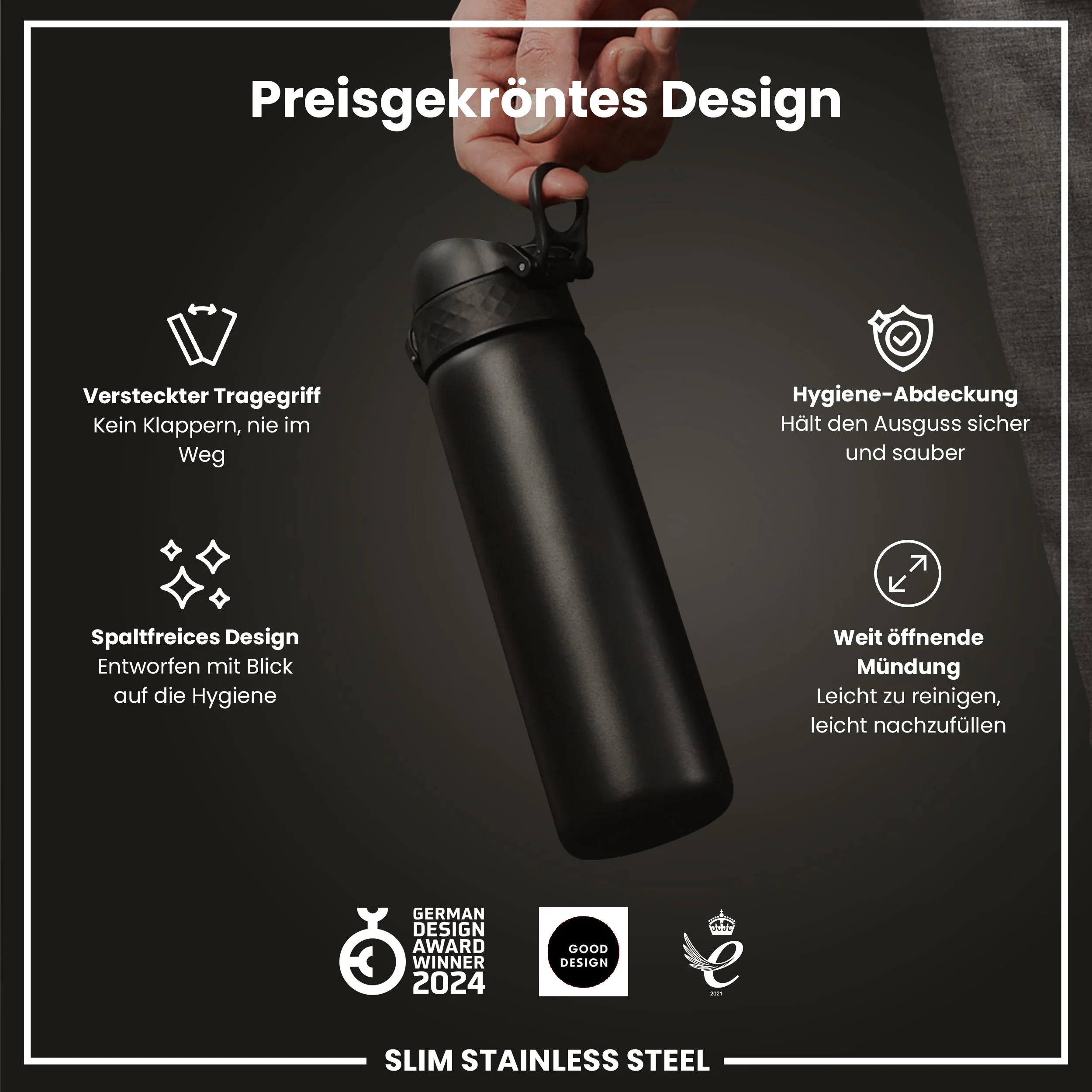 Leichte Edelstahl-Trinkflasche, Schwarz, 600 ml - Image 6
