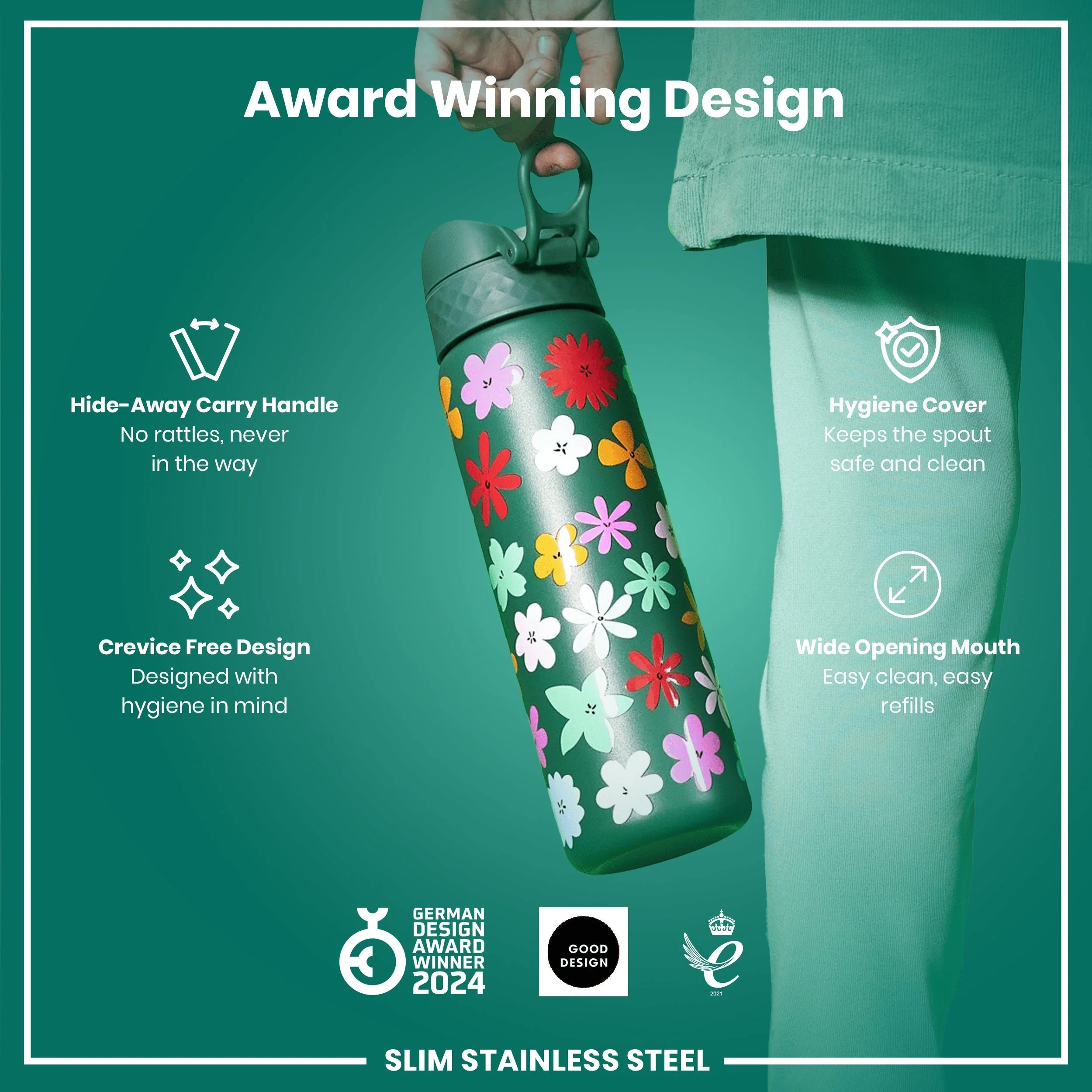 Leichte Edelstahl-Trinkflasche, Blumenmotiv, 600 ml - Image 6
