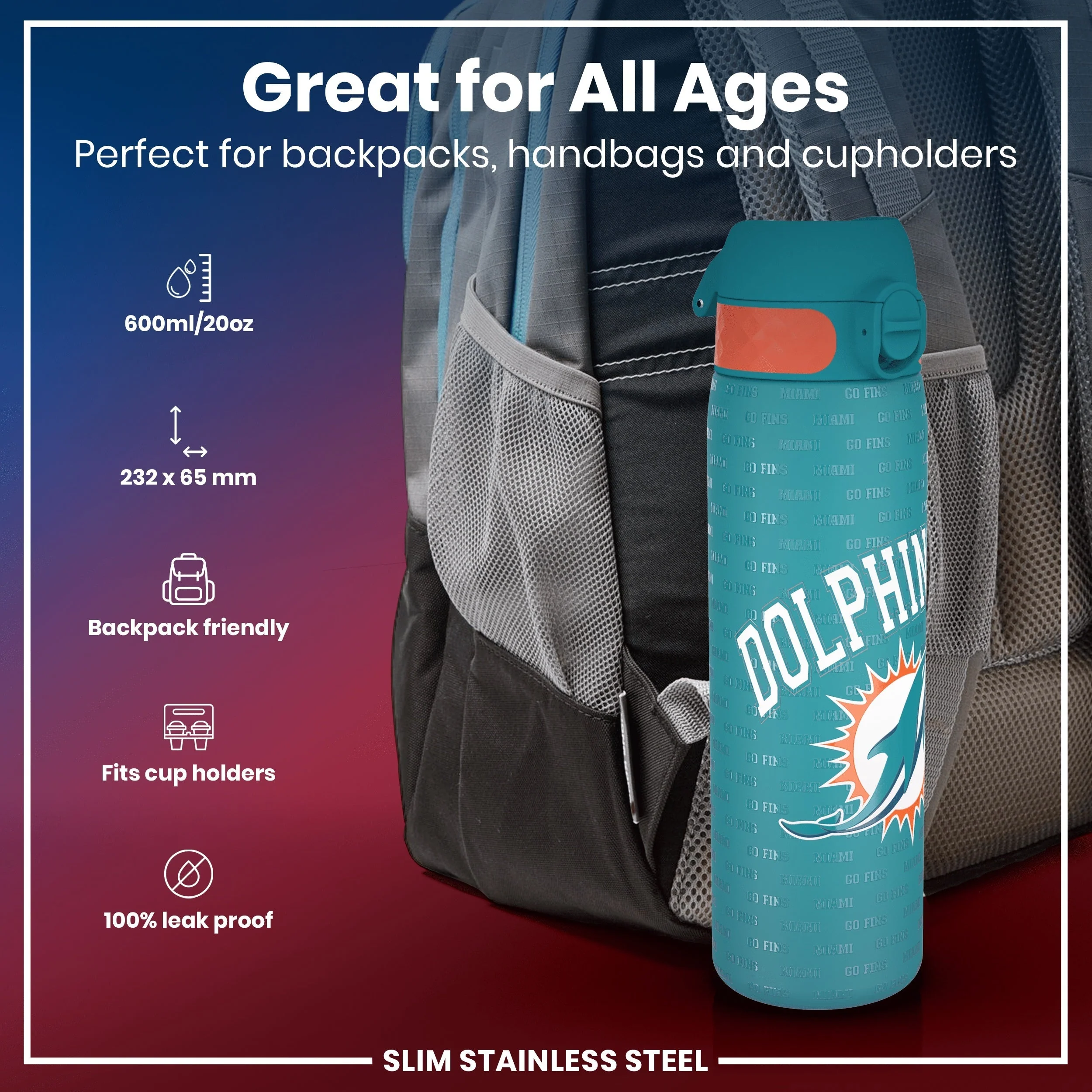 NFL x ION8, Leichte Edelstahl, Miami Dolphins, 600 ml - Image 2