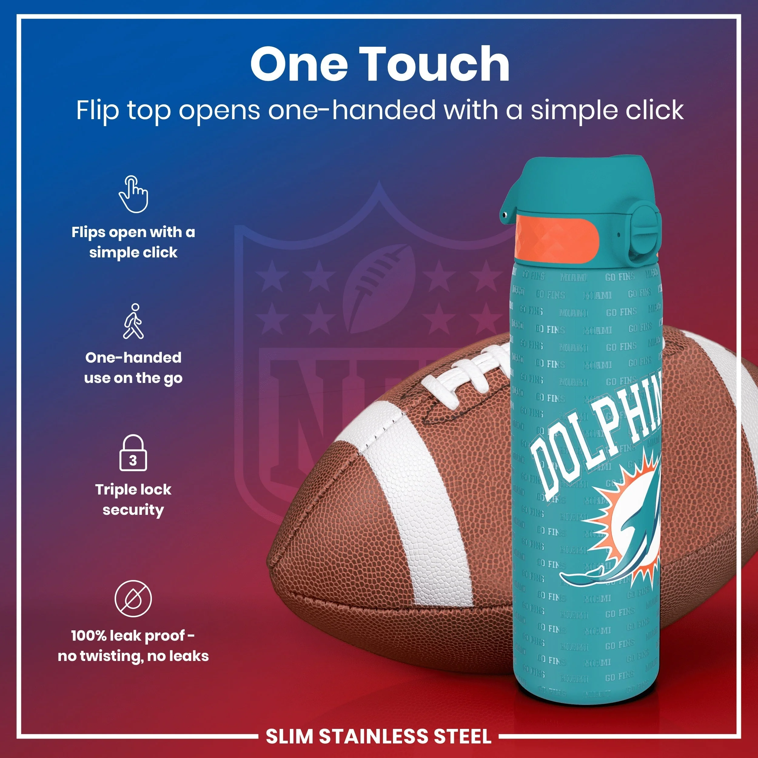 NFL x ION8, Leichte Edelstahl, Miami Dolphins, 600 ml - Image 3