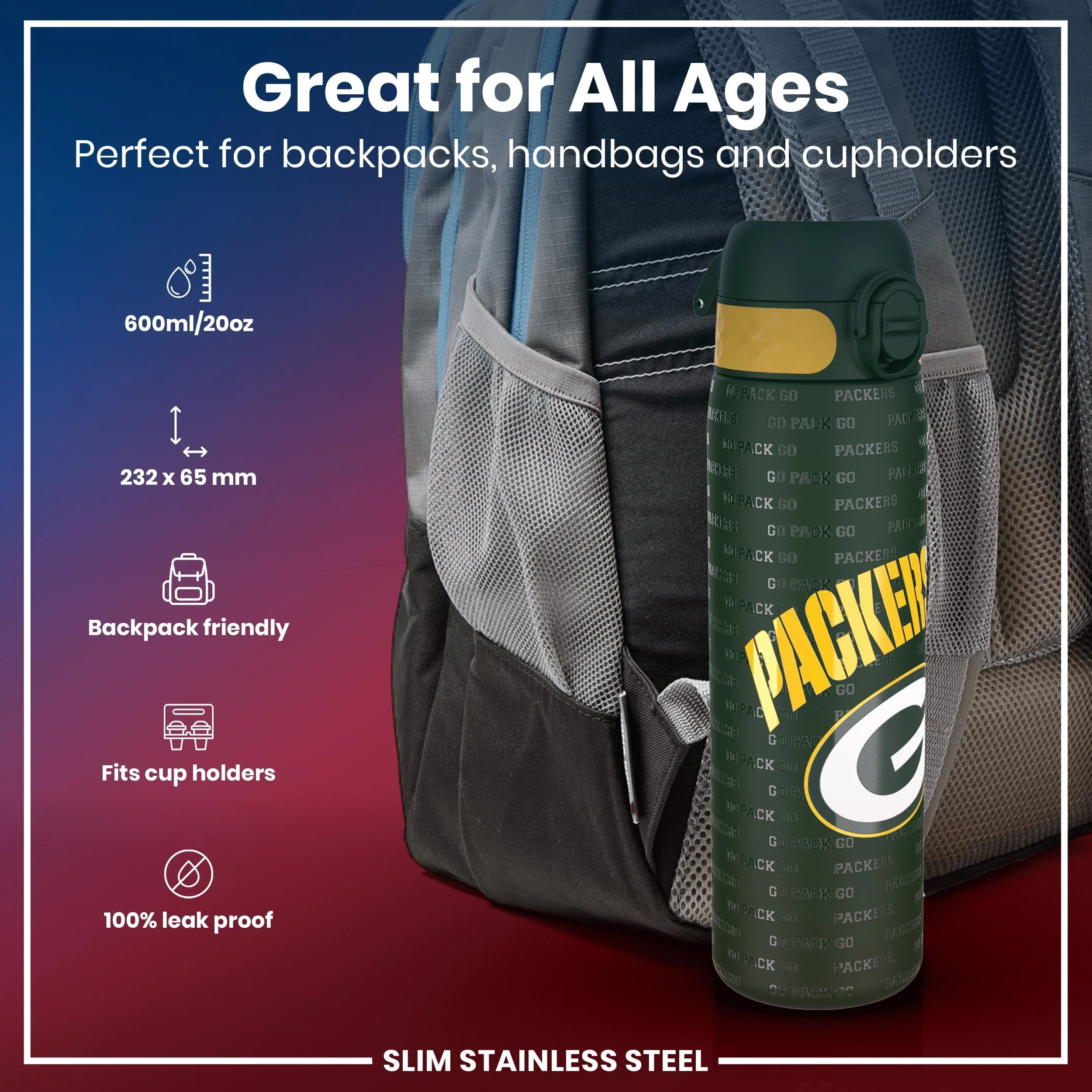 NFL x ION8, Leichte Edelstahl, Green Bay Packers, 600 ml - Image 2
