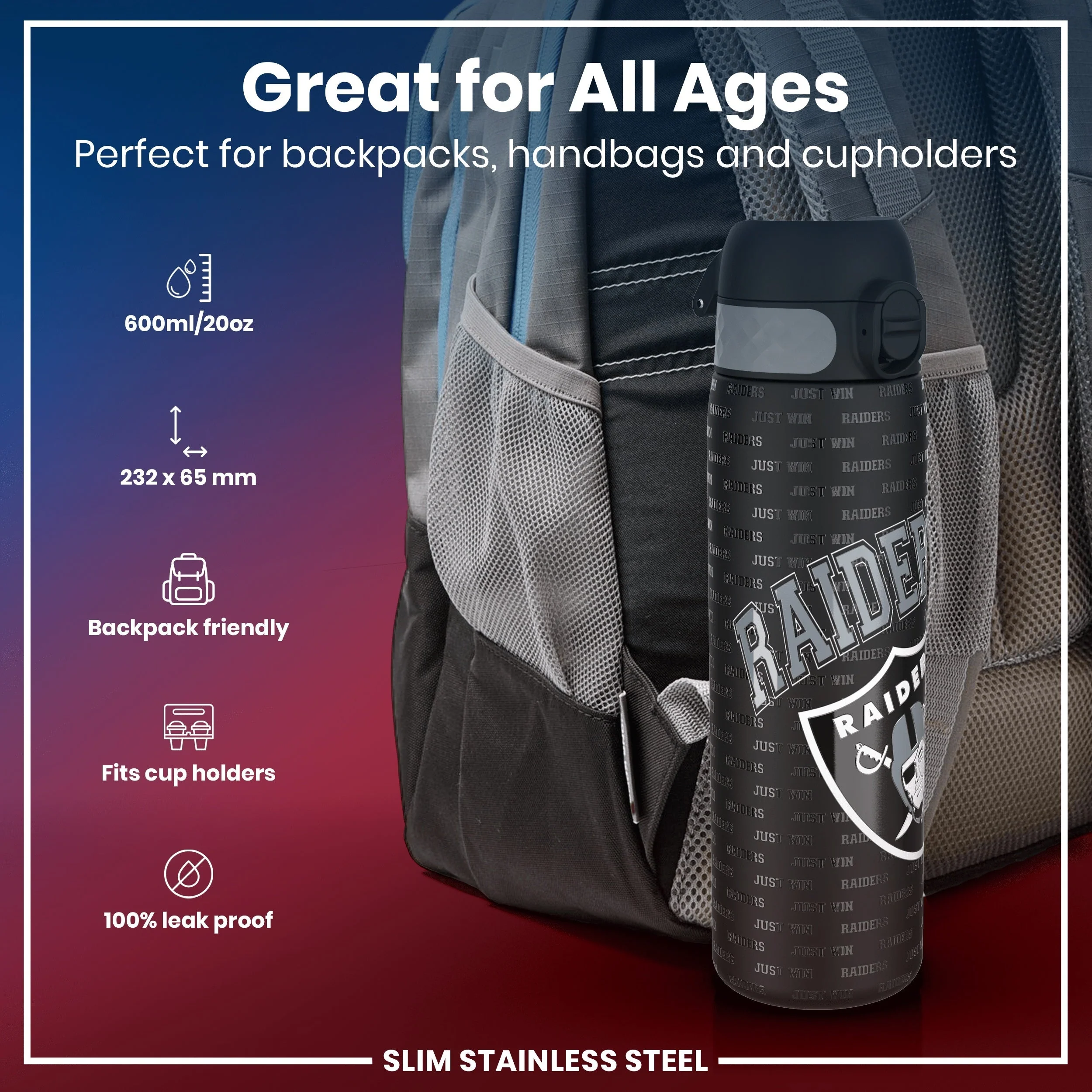 NFL x ION8, Leichte Edelstahl, Las Vegas Raiders, 600 ml - Image 2