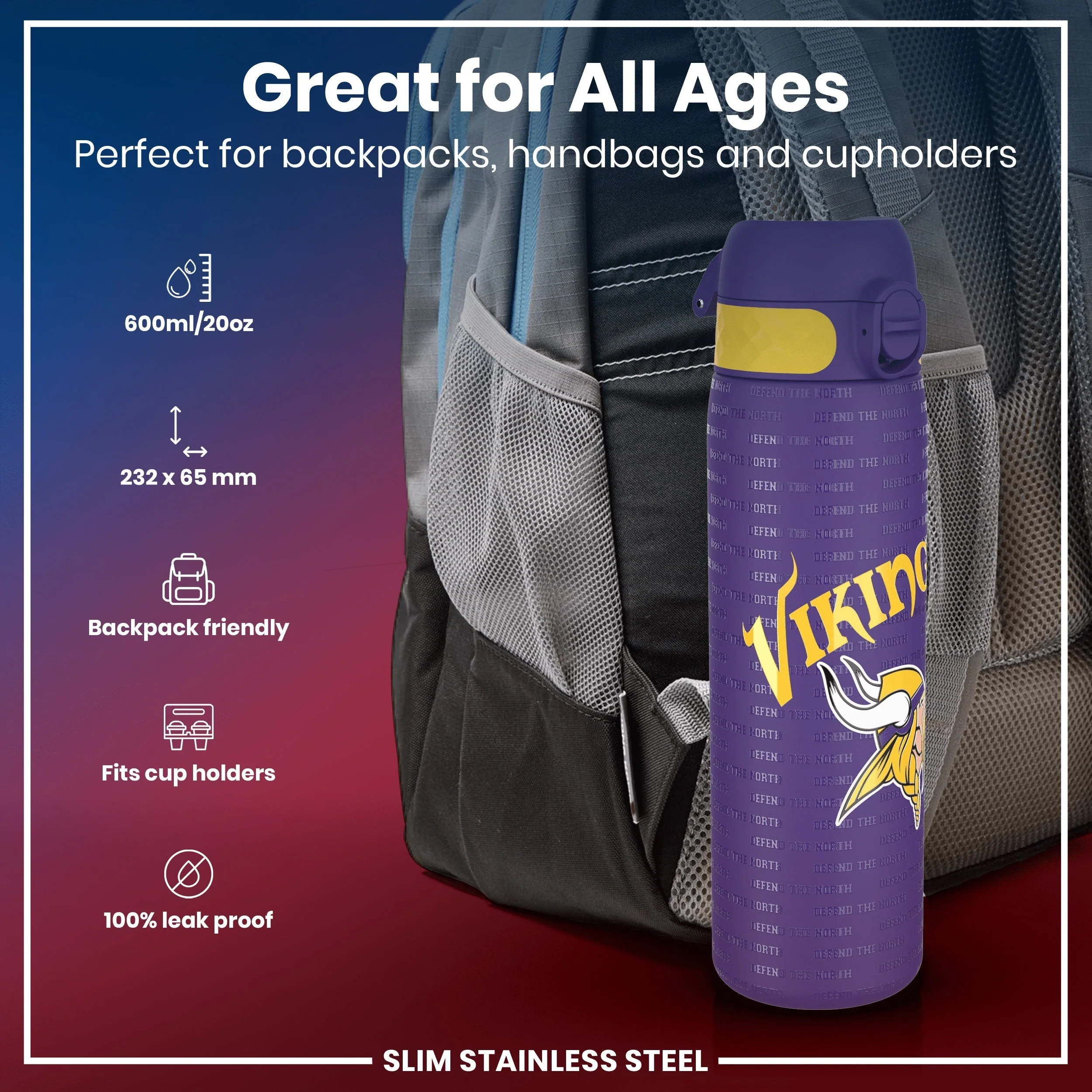 NFL x ION8, Leichte Edelstahl, Minnesota Vikings, 600 ml - Image 2