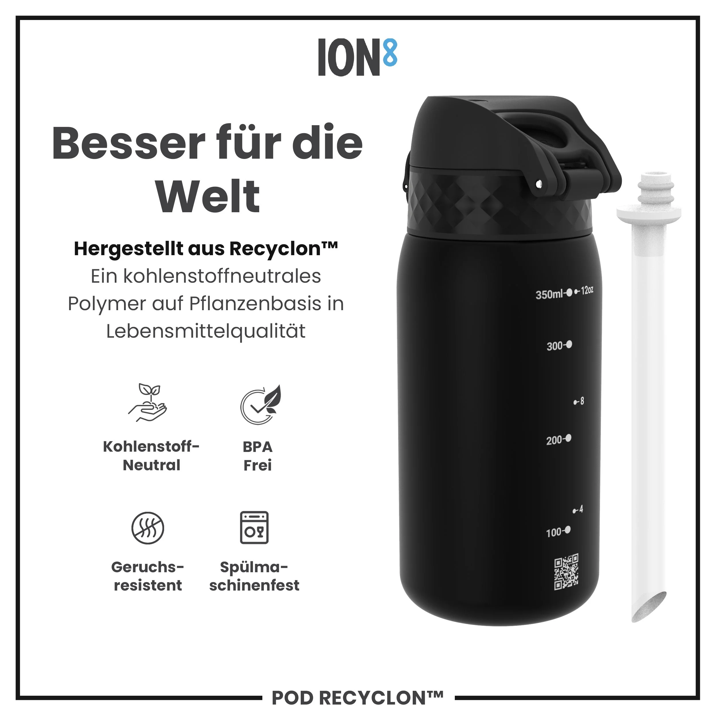 Recyclon Trinkflasche mit Strohhalm, Schwarz, 350 ml - Image 5