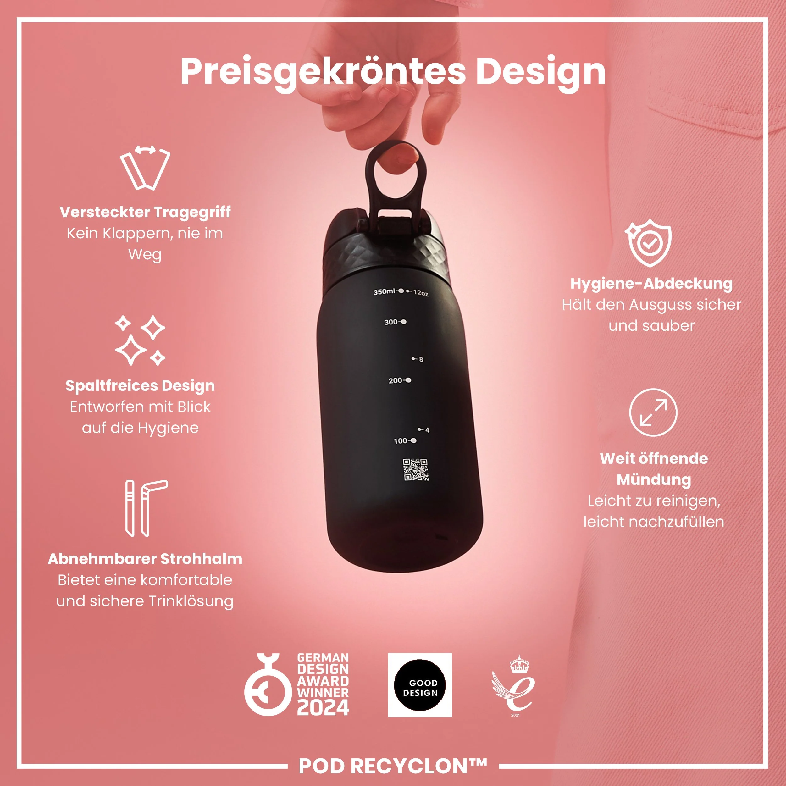 Recyclon Trinkflasche mit Strohhalm, Schwarz, 350 ml - Image 6