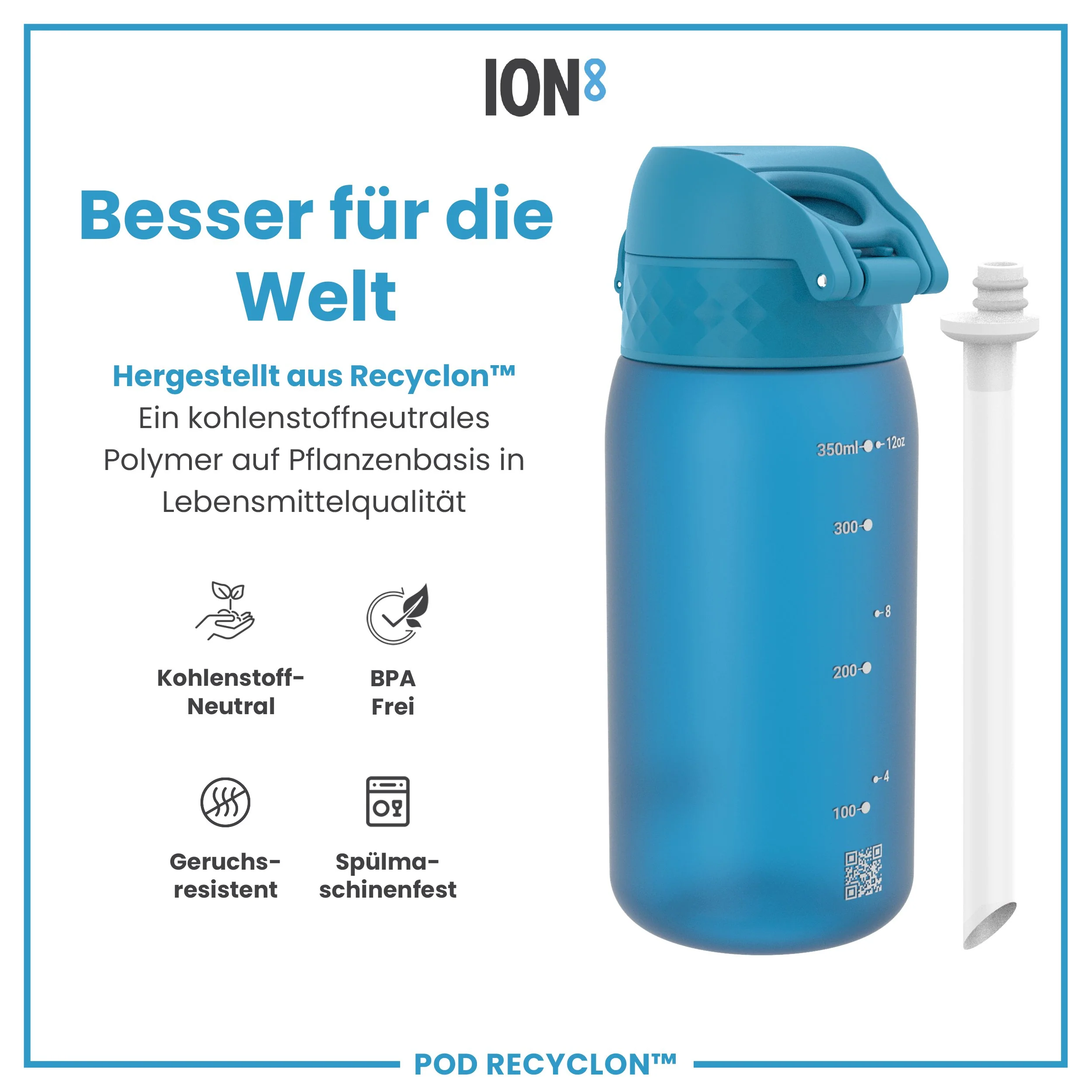 Recyclon Trinkflasche mit Strohhalm, Blau, 350 ml - Image 5