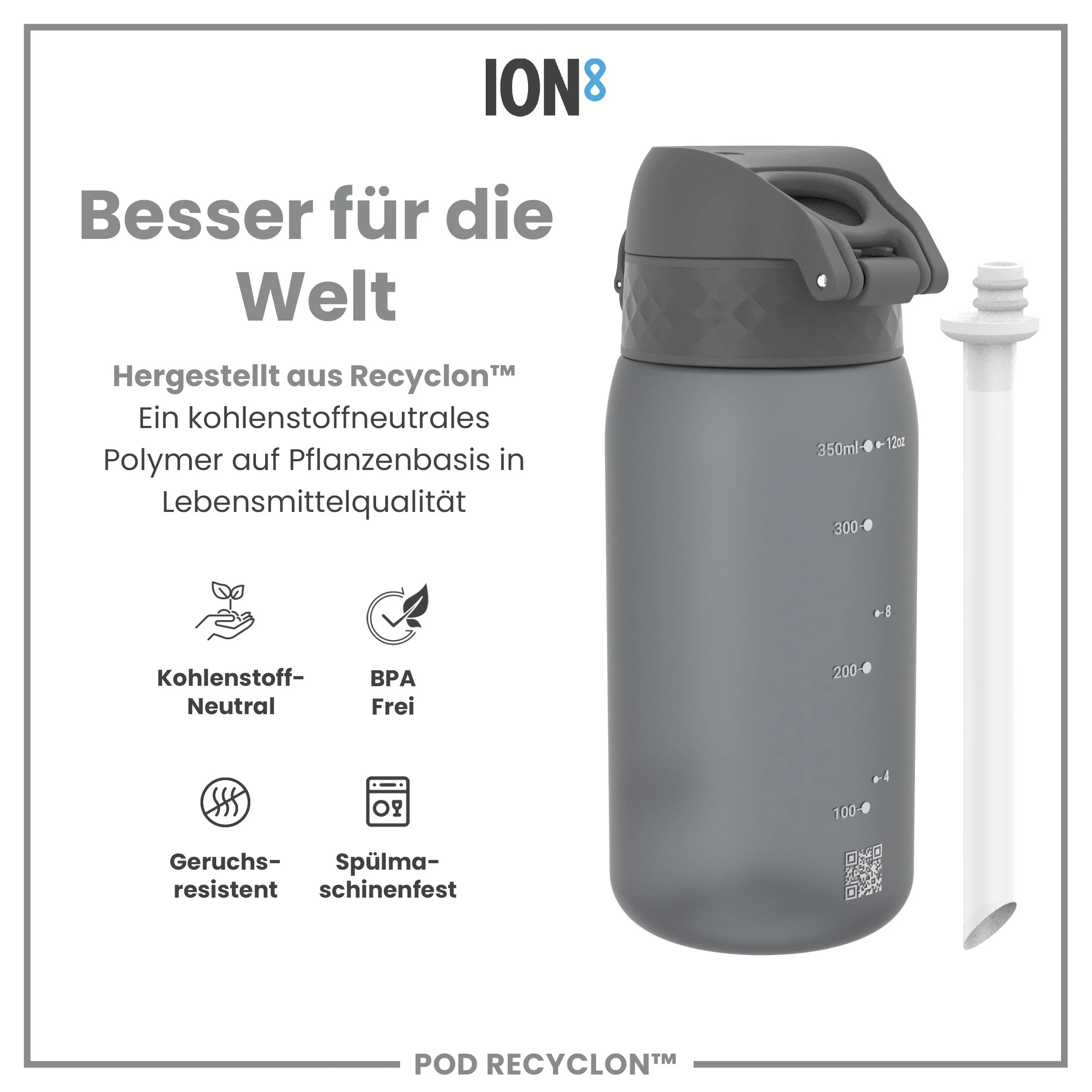 Recyclon Trinkflasche mit Strohhalm, Grau, 350 ml - Image 5