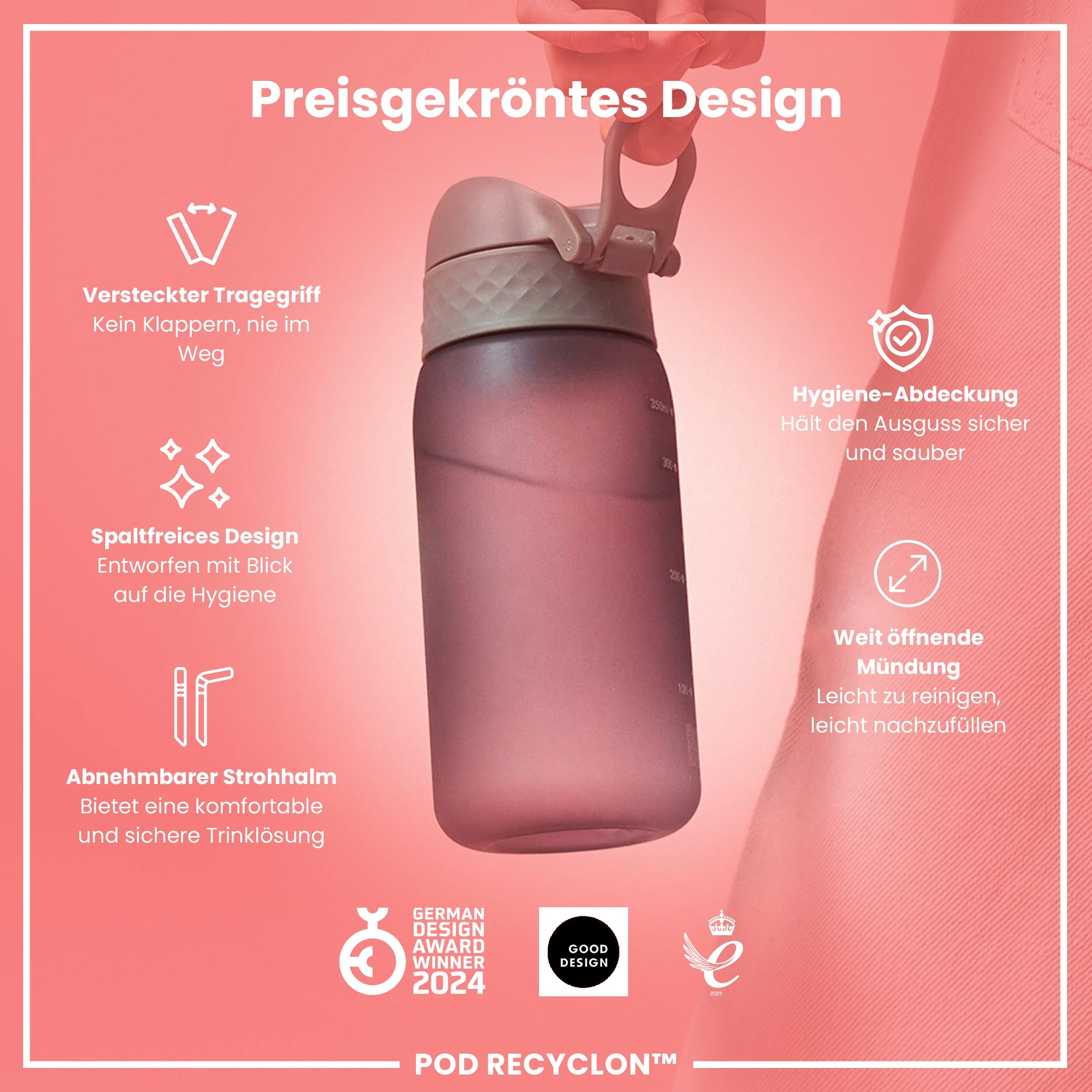 Recyclon Trinkflasche mit Strohhalm, Grau, 350 ml - Image 6