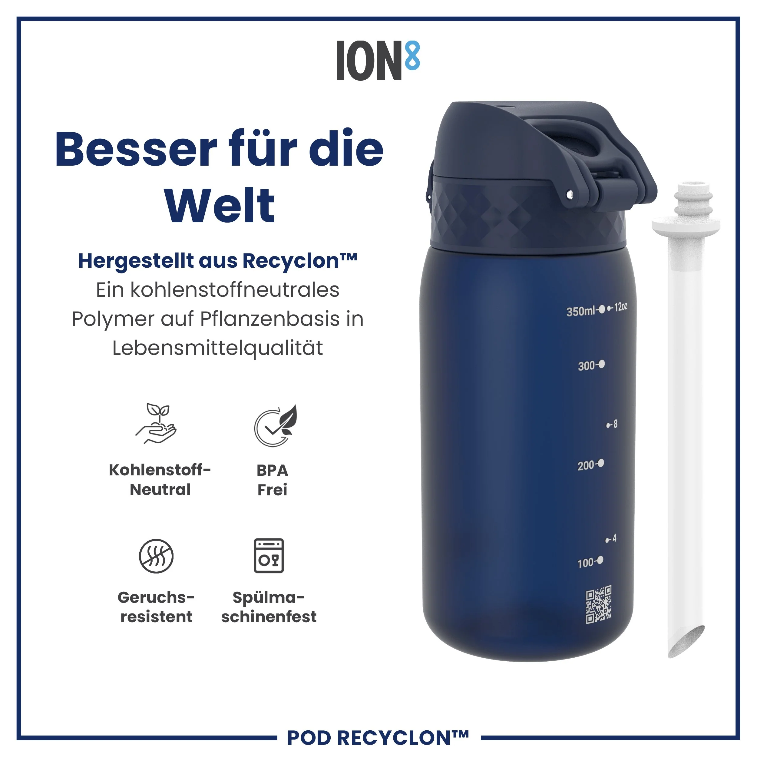 Recyclon Trinkflasche mit Strohhalm, Marineblau, 350 ml - Image 5
