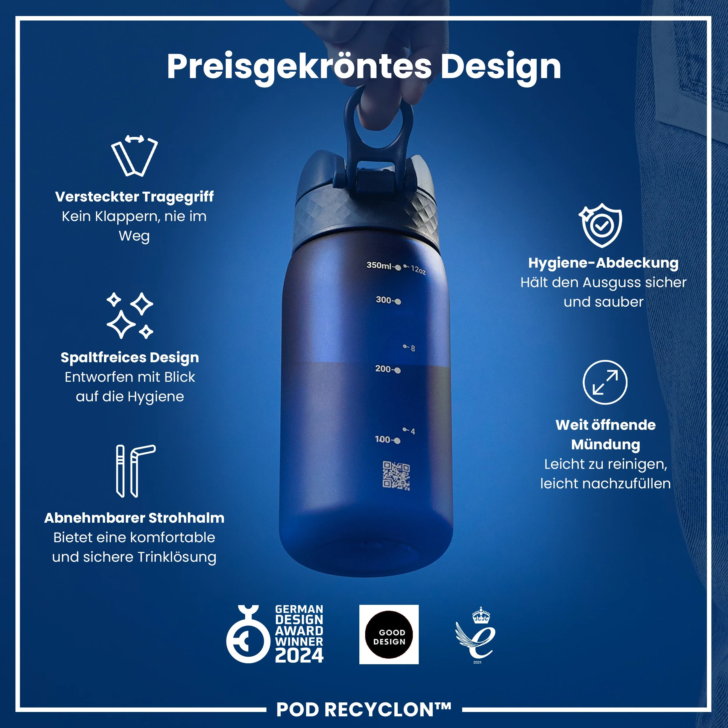 Recyclon Trinkflasche mit Strohhalm, Marineblau, 350 ml - Image 6