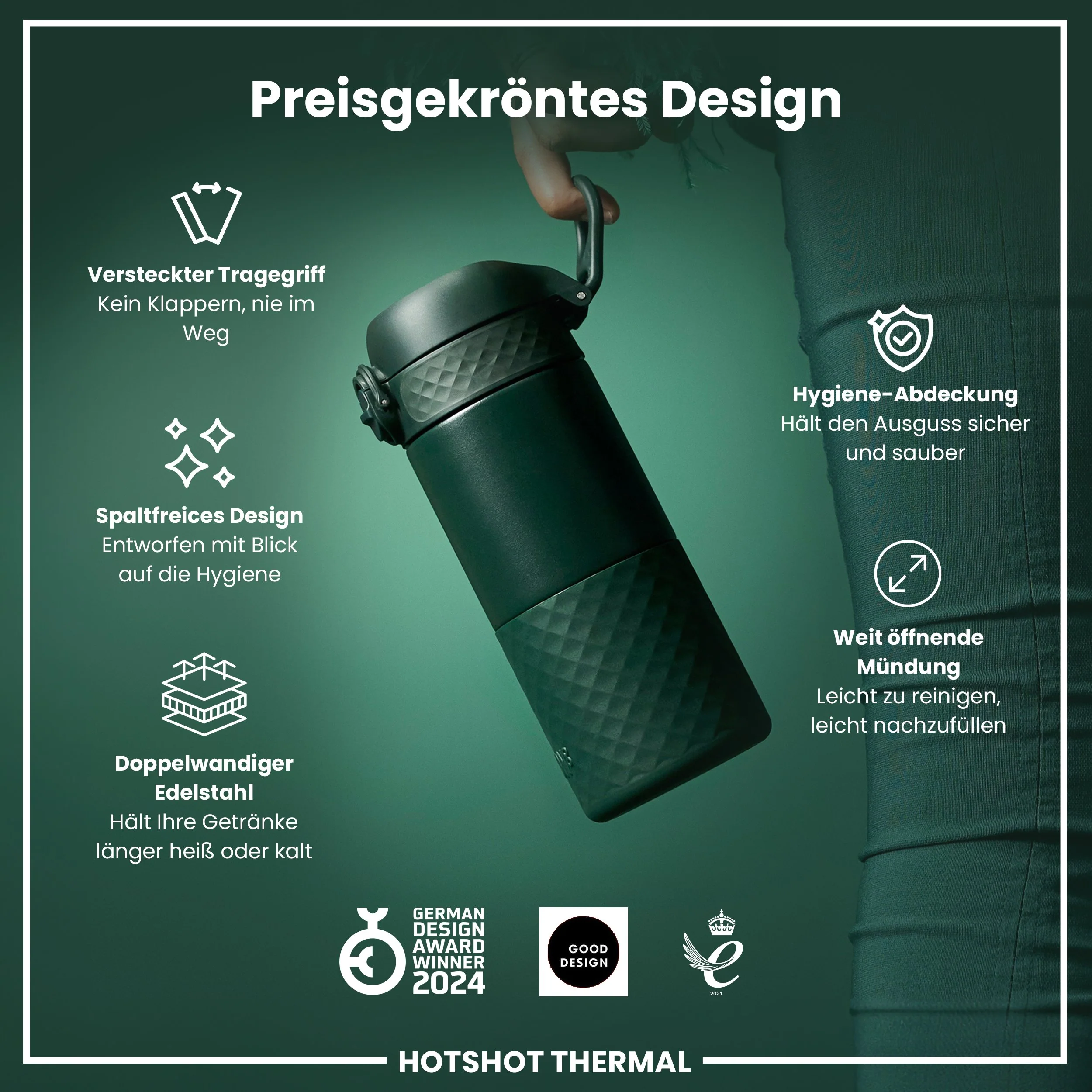 Edelstahl-Thermobecher für unterwegs, Dunkelgrün, 360 ml - Image 6