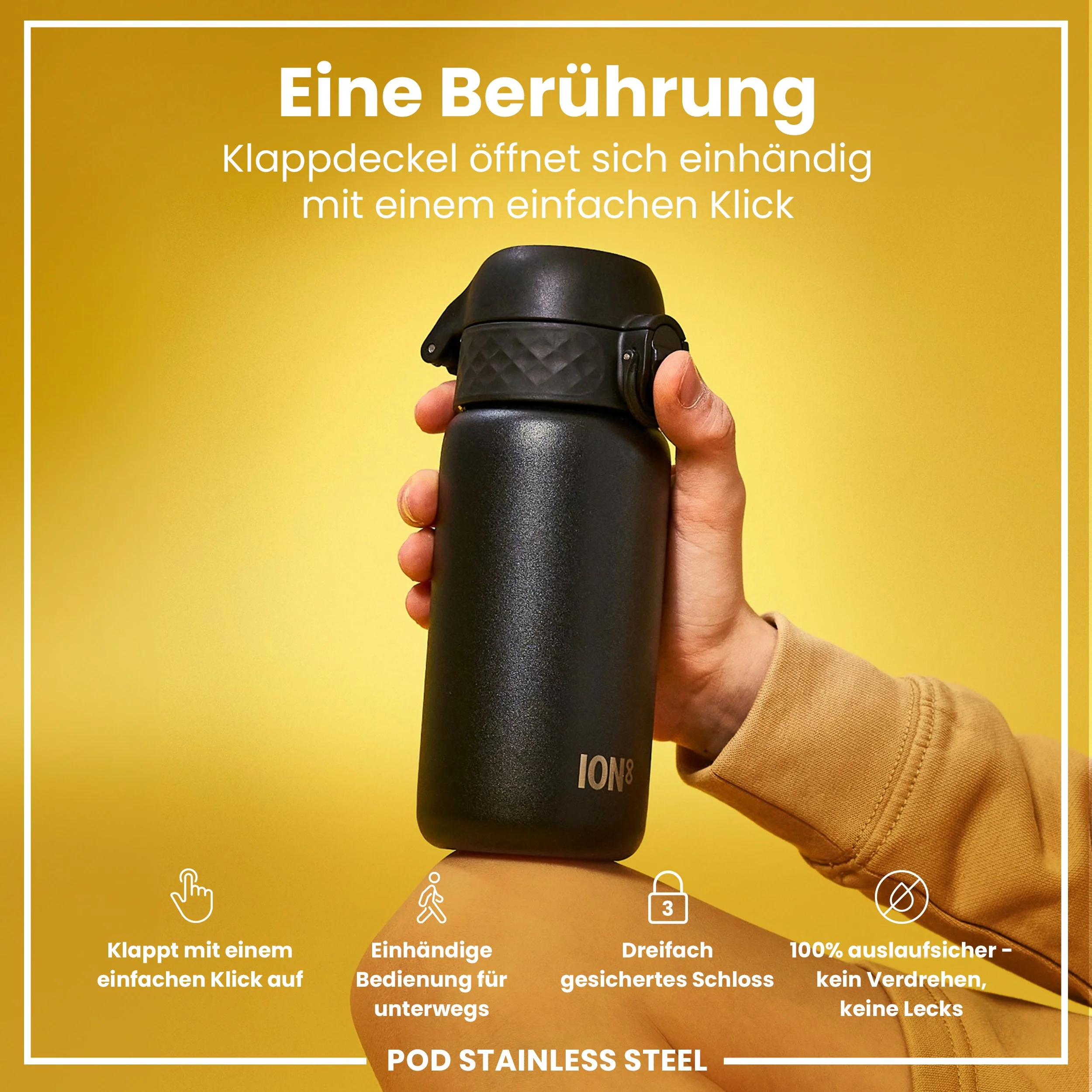 Leichte Edelstahl-Trinkflasche, Schwarz, 400 ml - Image 3