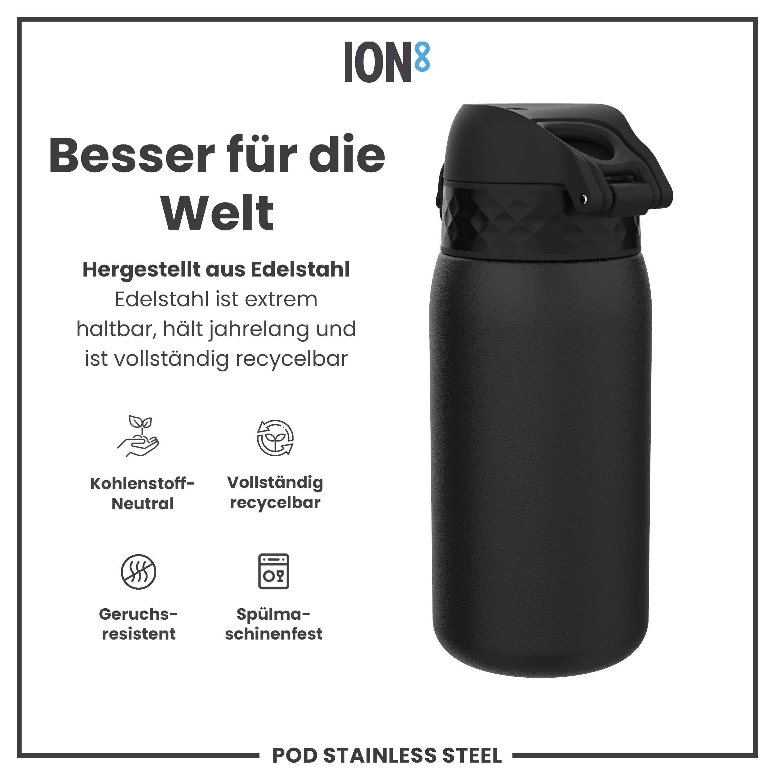 Leichte Edelstahl-Trinkflasche, Schwarz, 400 ml - Image 5