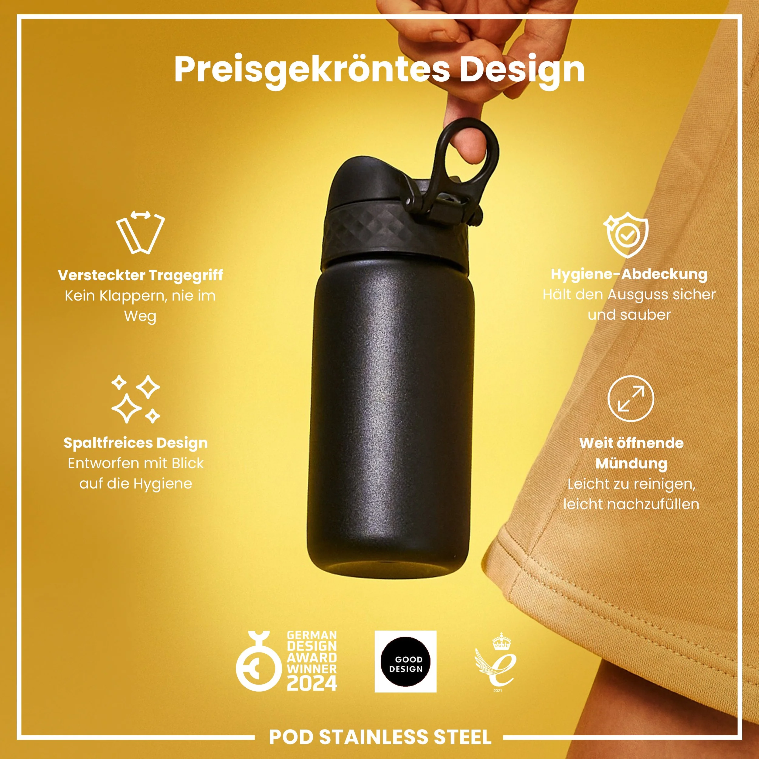 Leichte Edelstahl-Trinkflasche, Schwarz, 400 ml - Image 6