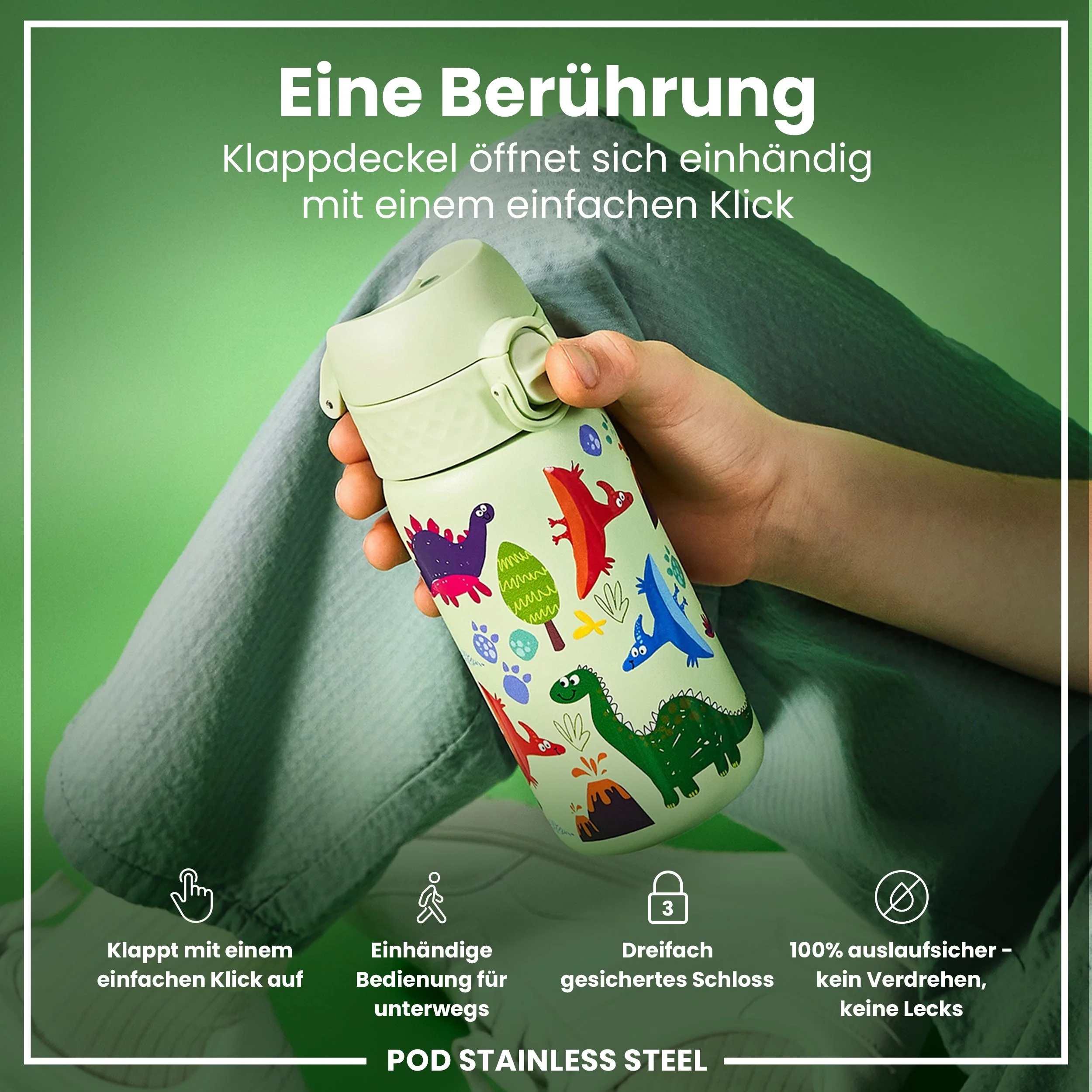 Leichte Edelstahl-Trinkflasche, Dinosaurier, 400 ml - Image 3