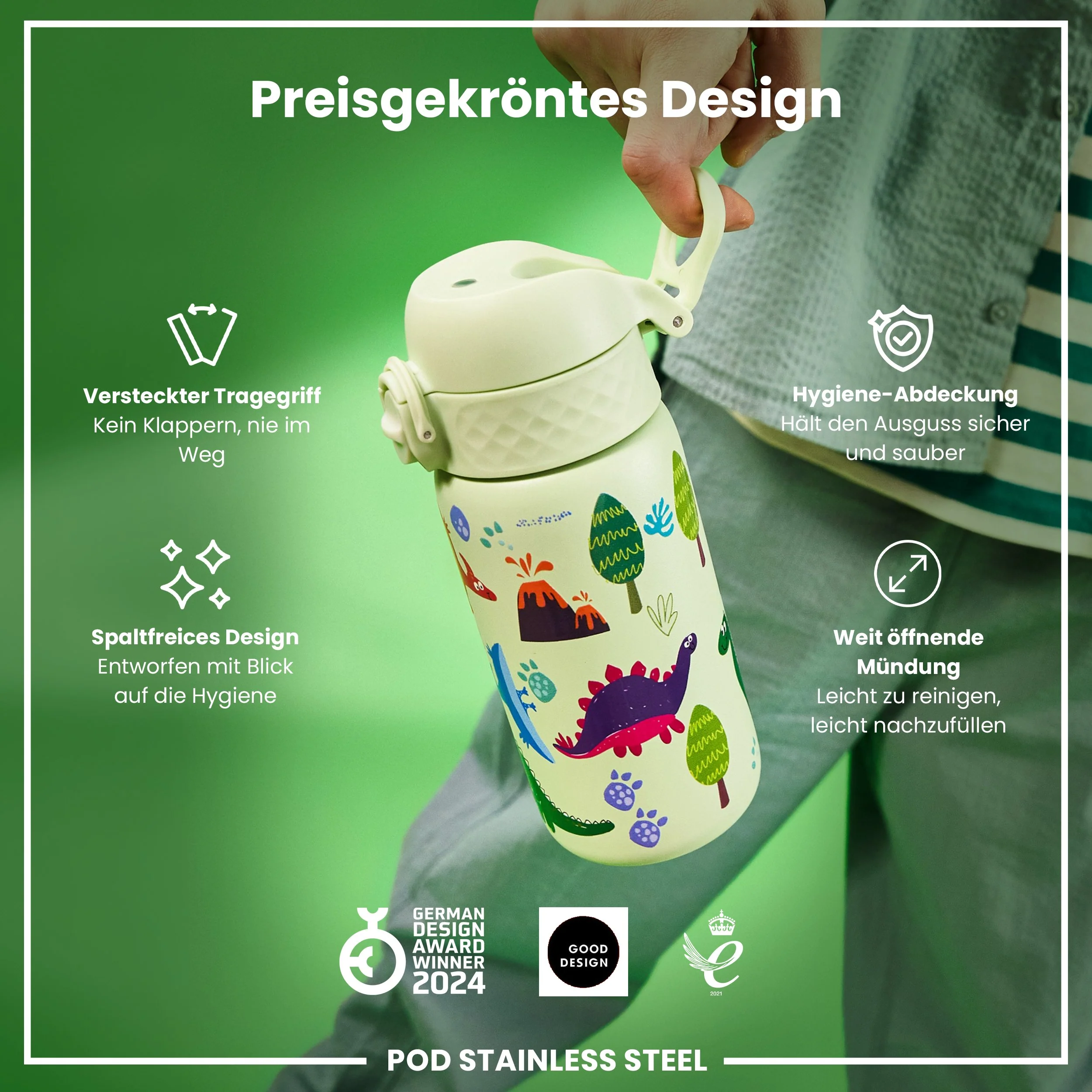 Leichte Edelstahl-Trinkflasche, Dinosaurier, 400 ml - Image 6