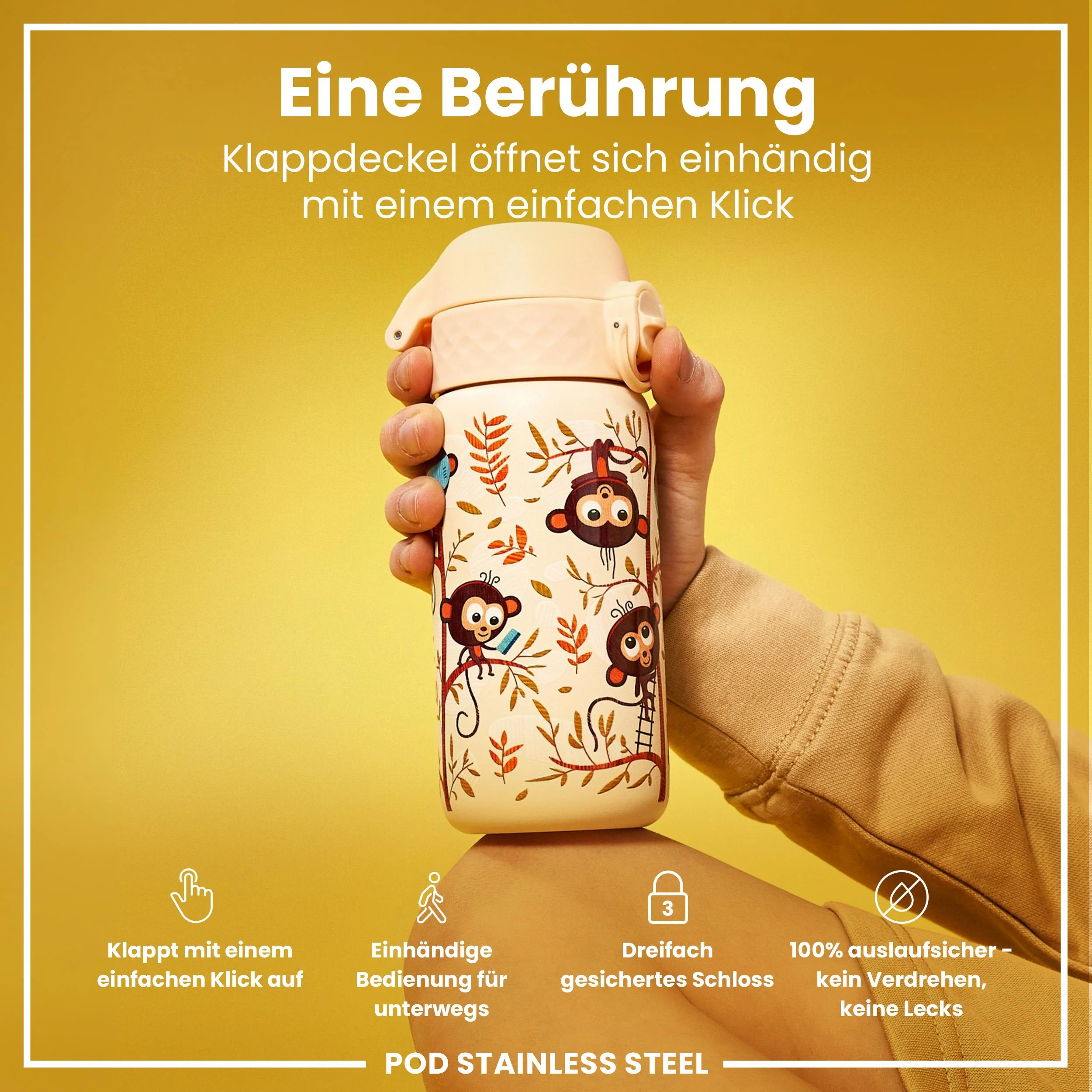 Leichte Edelstahl-Trinkflasche, Affen, 400 ml - Image 3