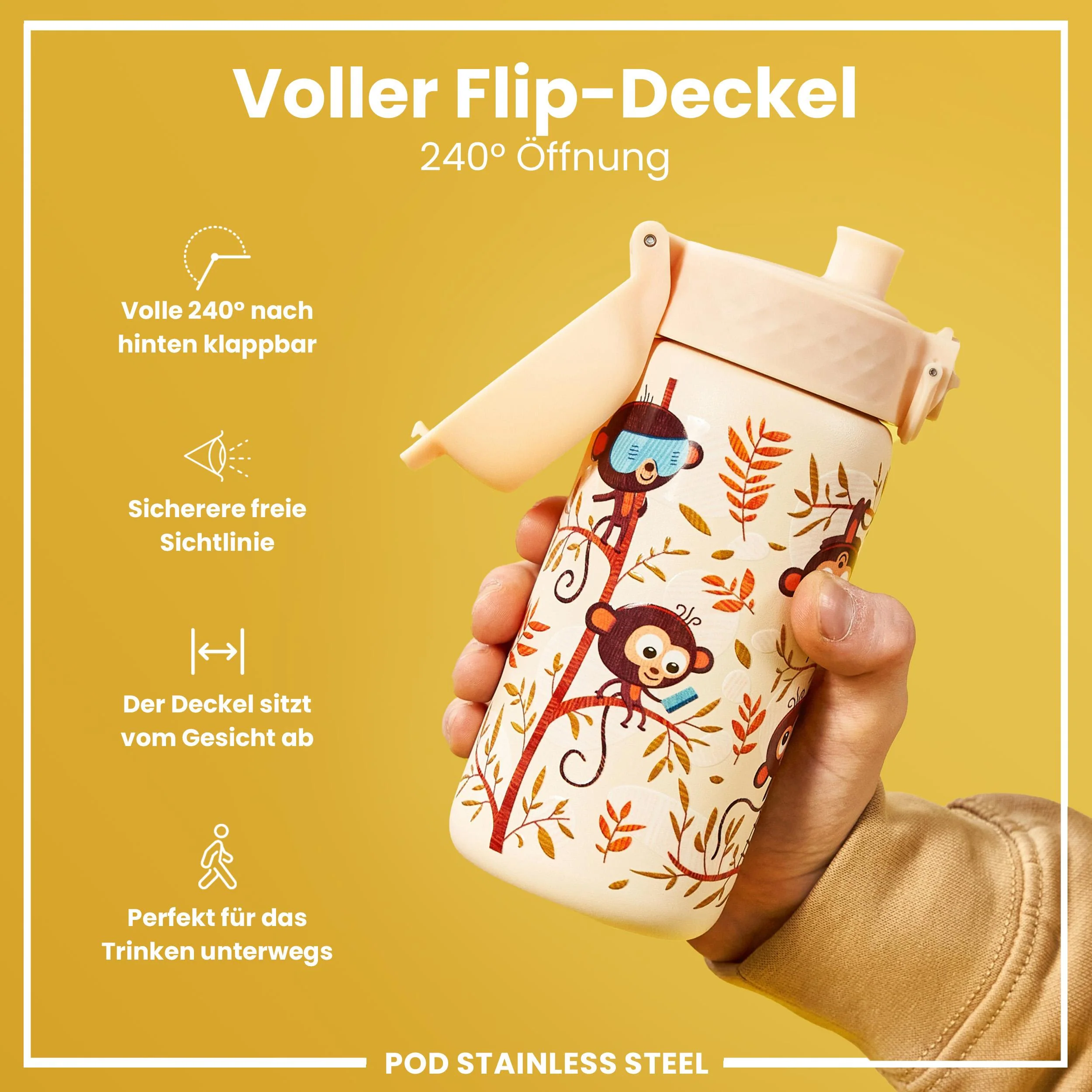 Leichte Edelstahl-Trinkflasche, Affen, 400 ml - Image 4