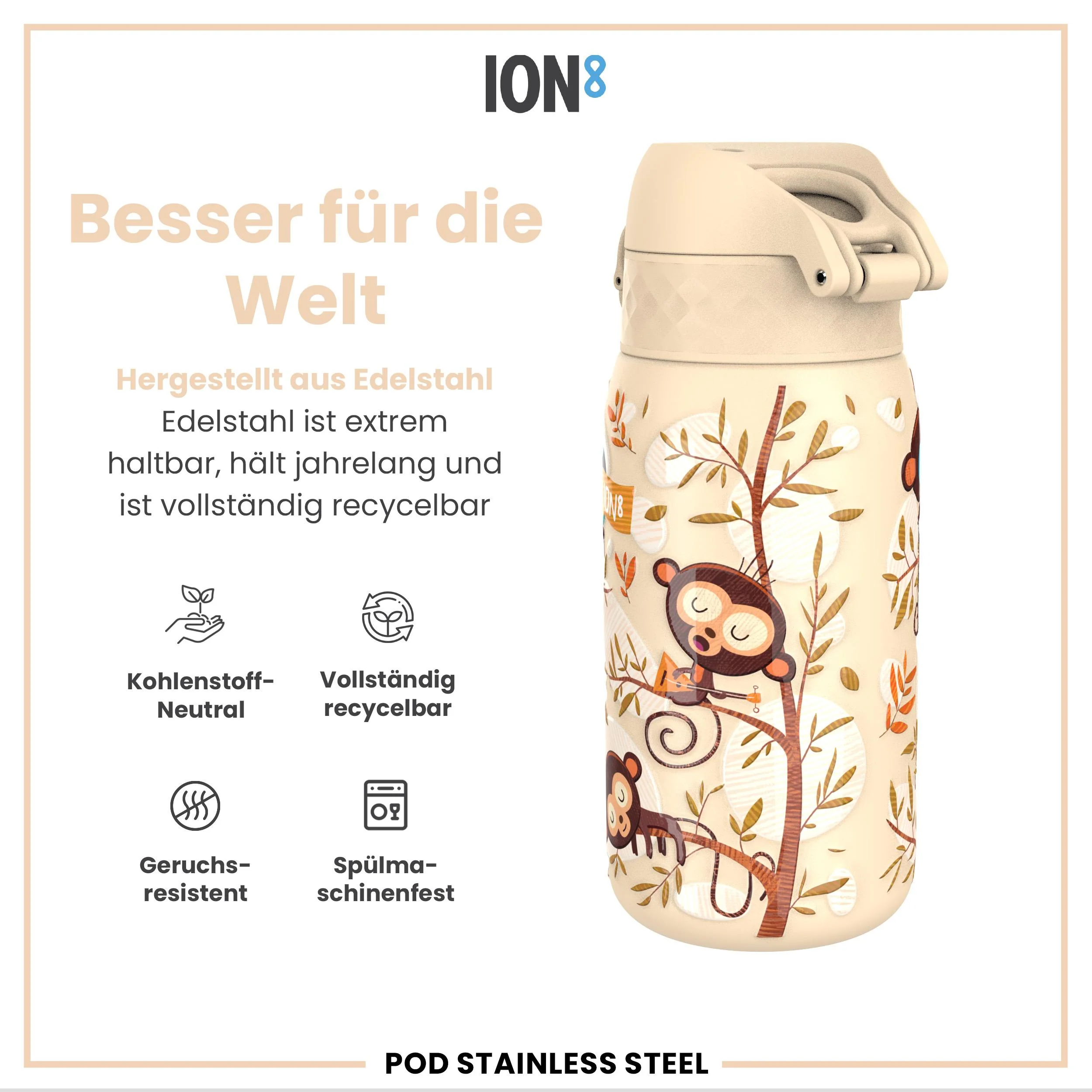 Leichte Edelstahl-Trinkflasche, Affen, 400 ml - Image 5