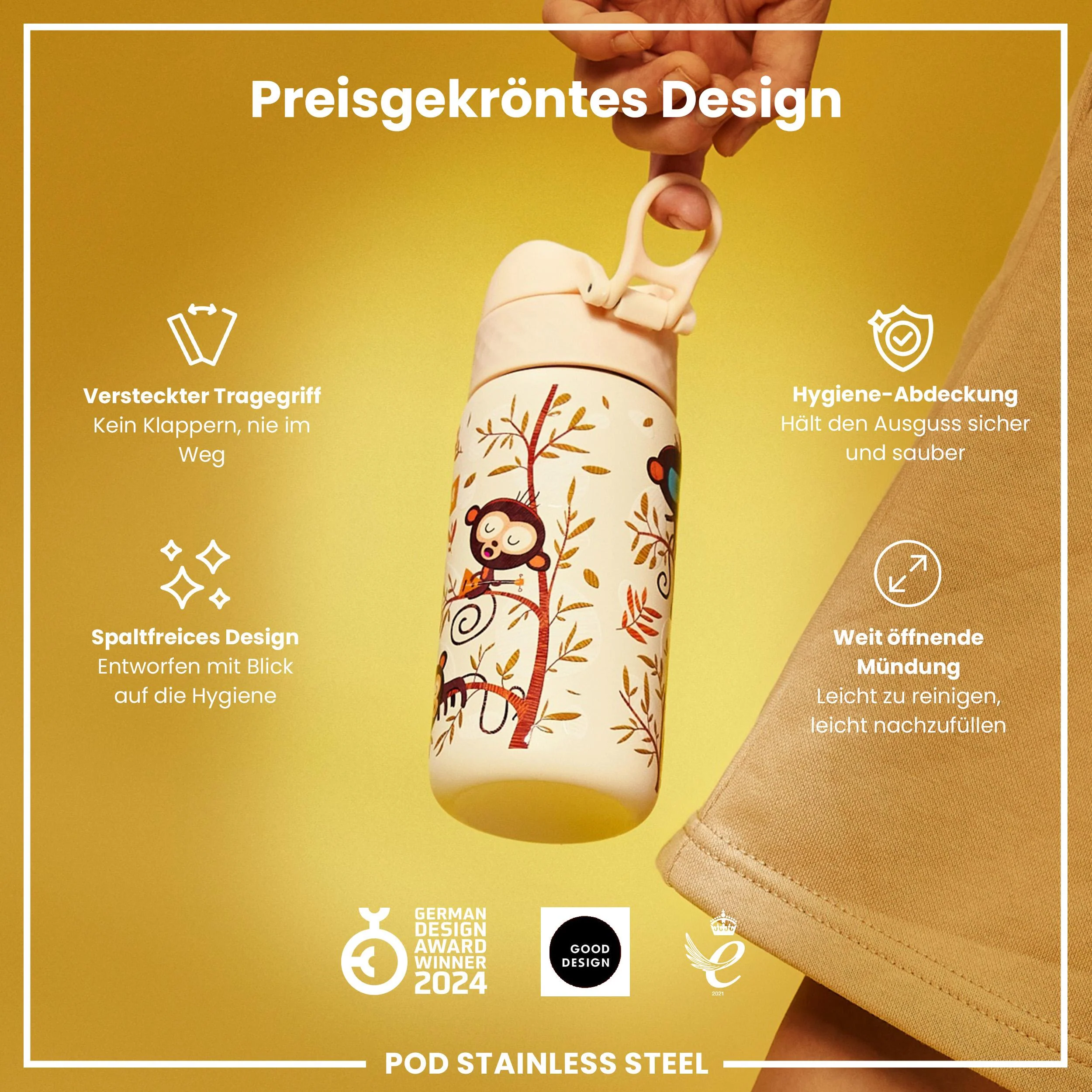 Leichte Edelstahl-Trinkflasche, Affen, 400 ml - Image 6