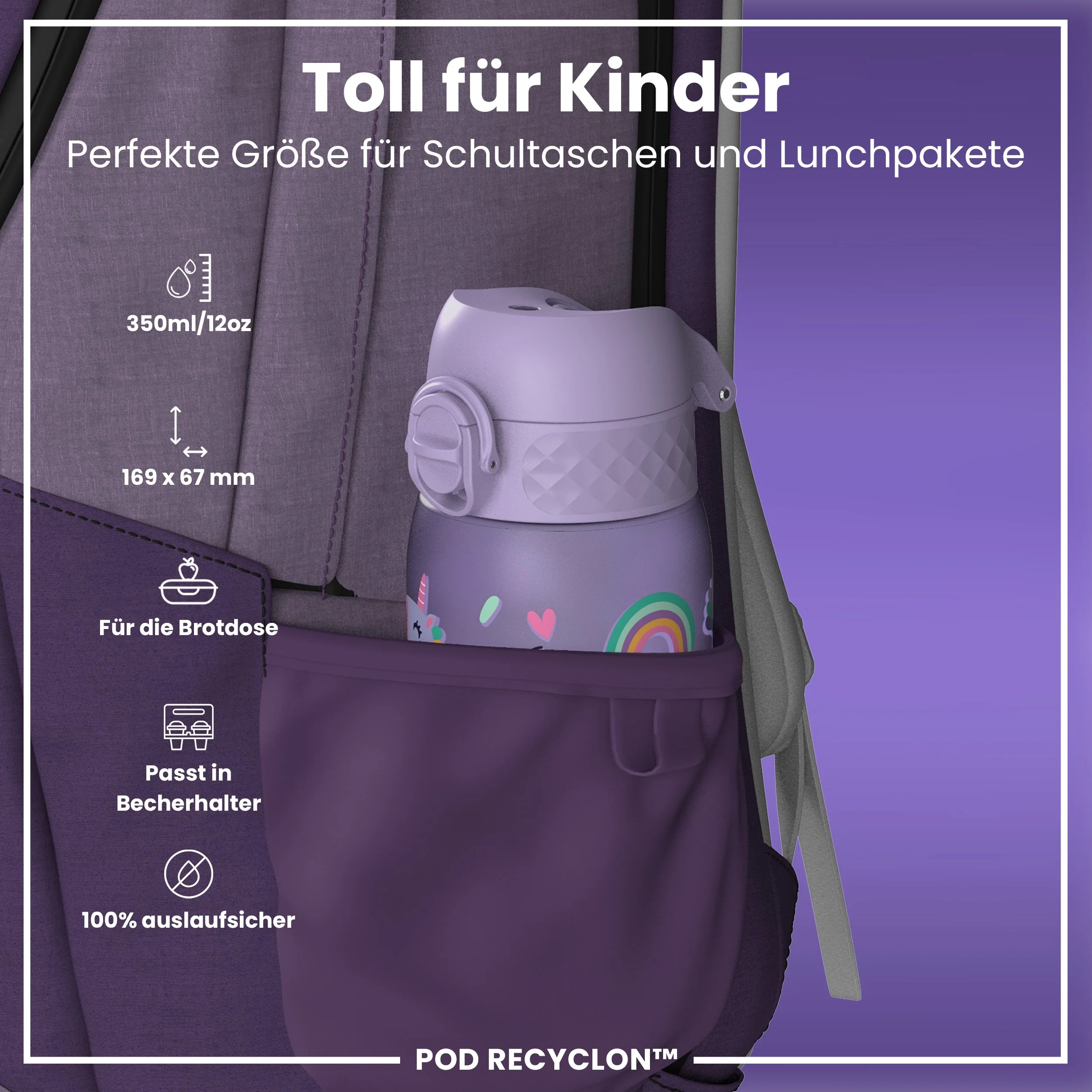 Recyclon Trinkflasche, Lila Einhorn, 350 ml - Image 2