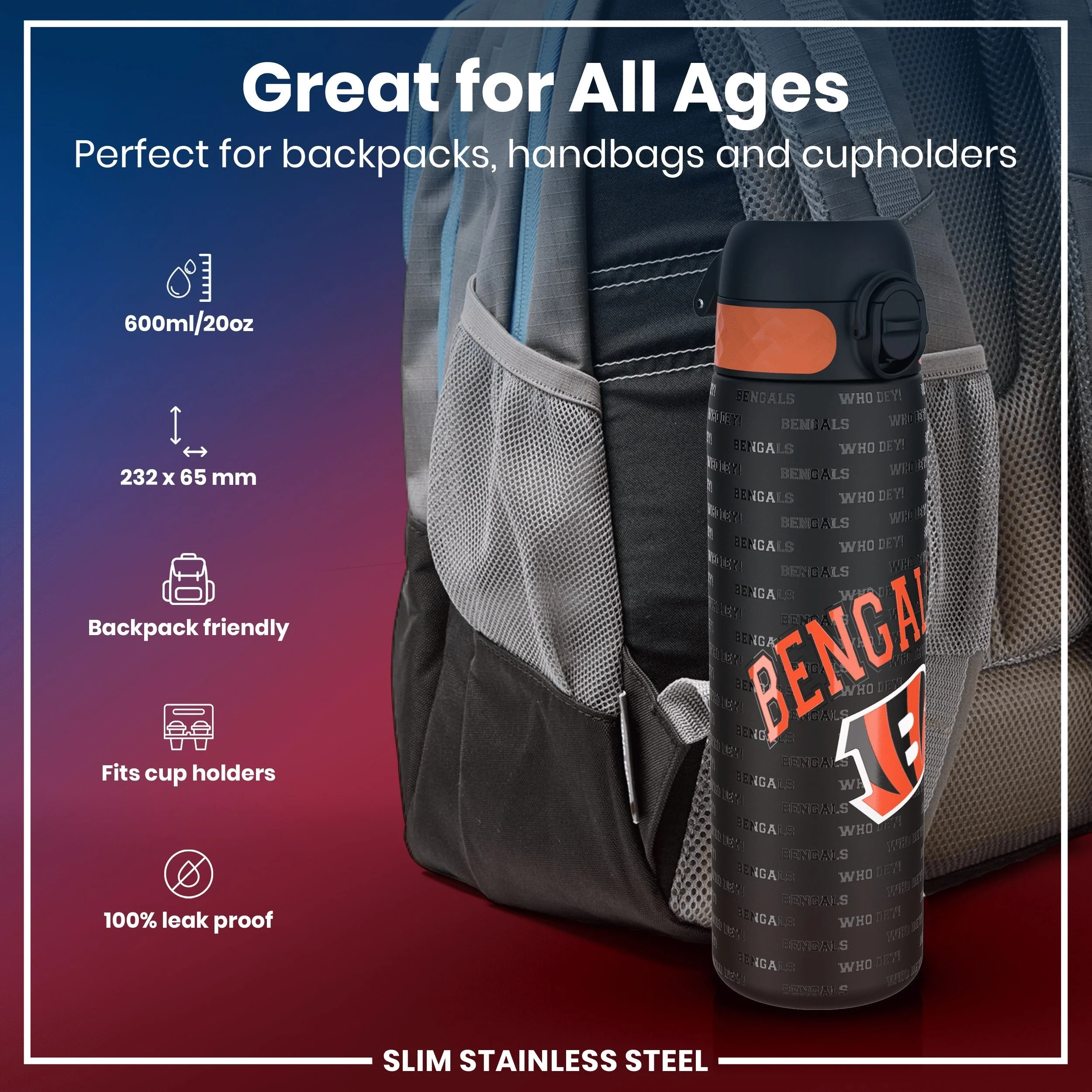 NFL x ION8, Leichte Edelstahl, Cincinnati Bengals, 600 ml - Image 2
