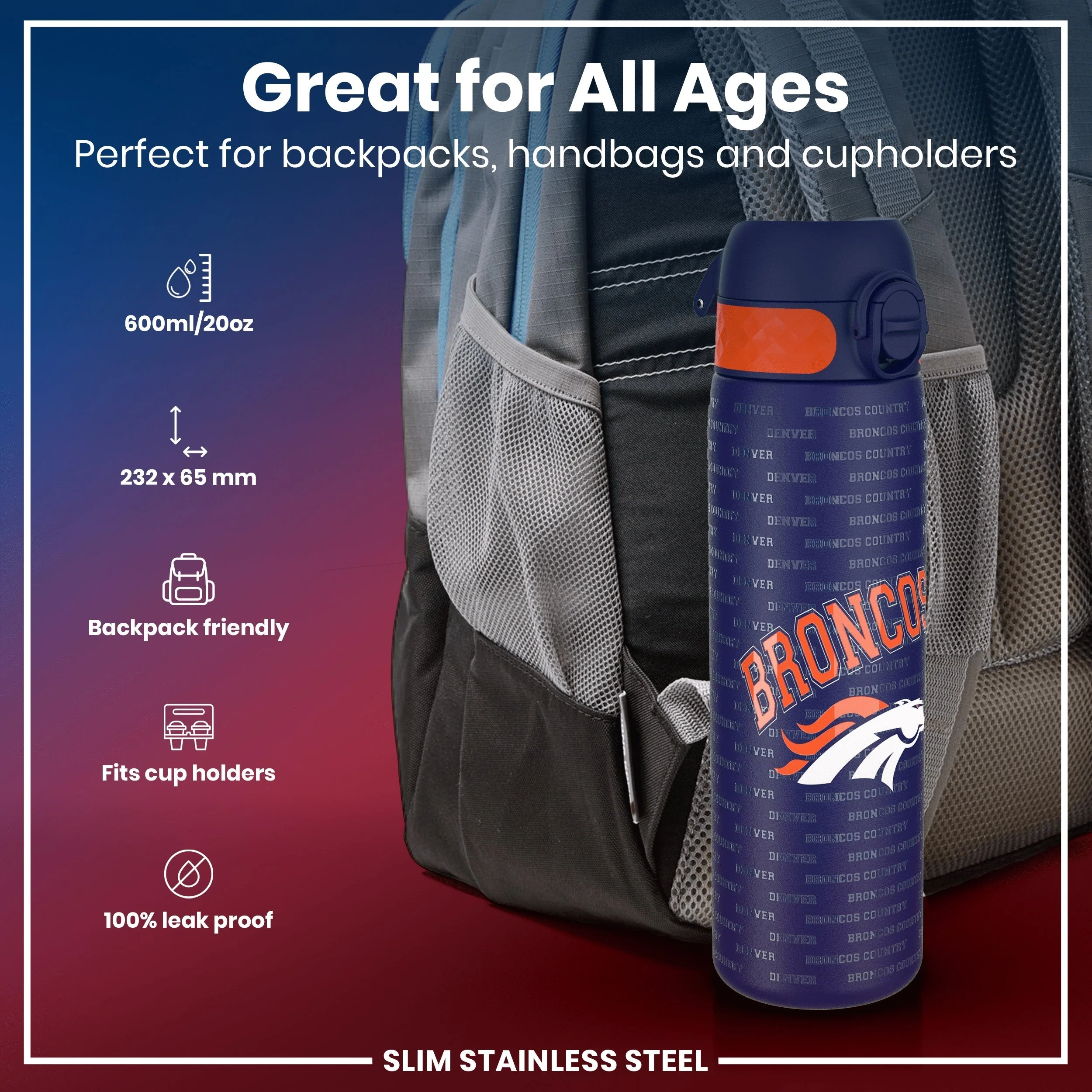 NFL x ION8, Leichte Edelstahl, Denver Broncos, 600 ml - Image 2