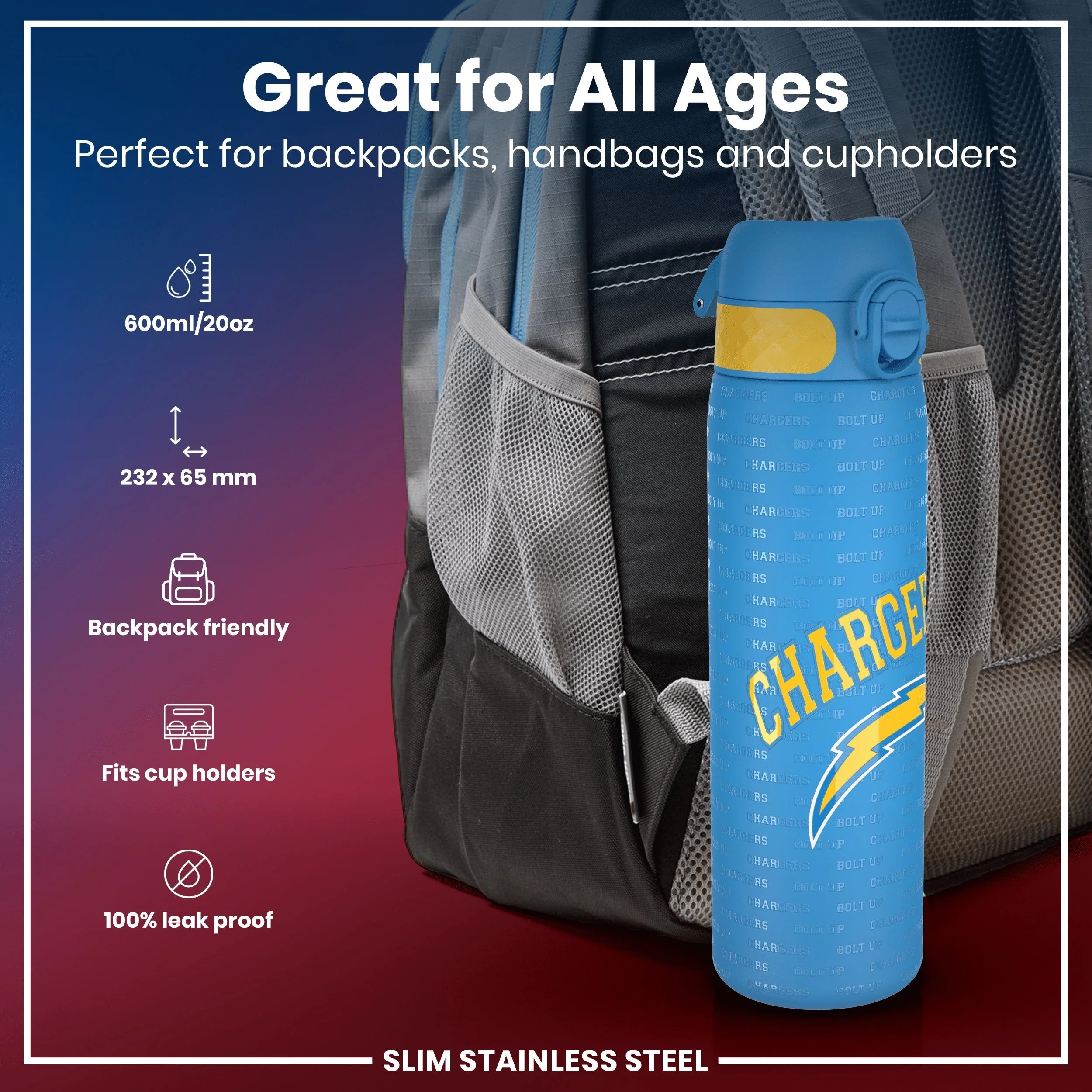 NFL x ION8, Leichte Edelstahl, Los Angeles Chargers, 600 ml - Image 2