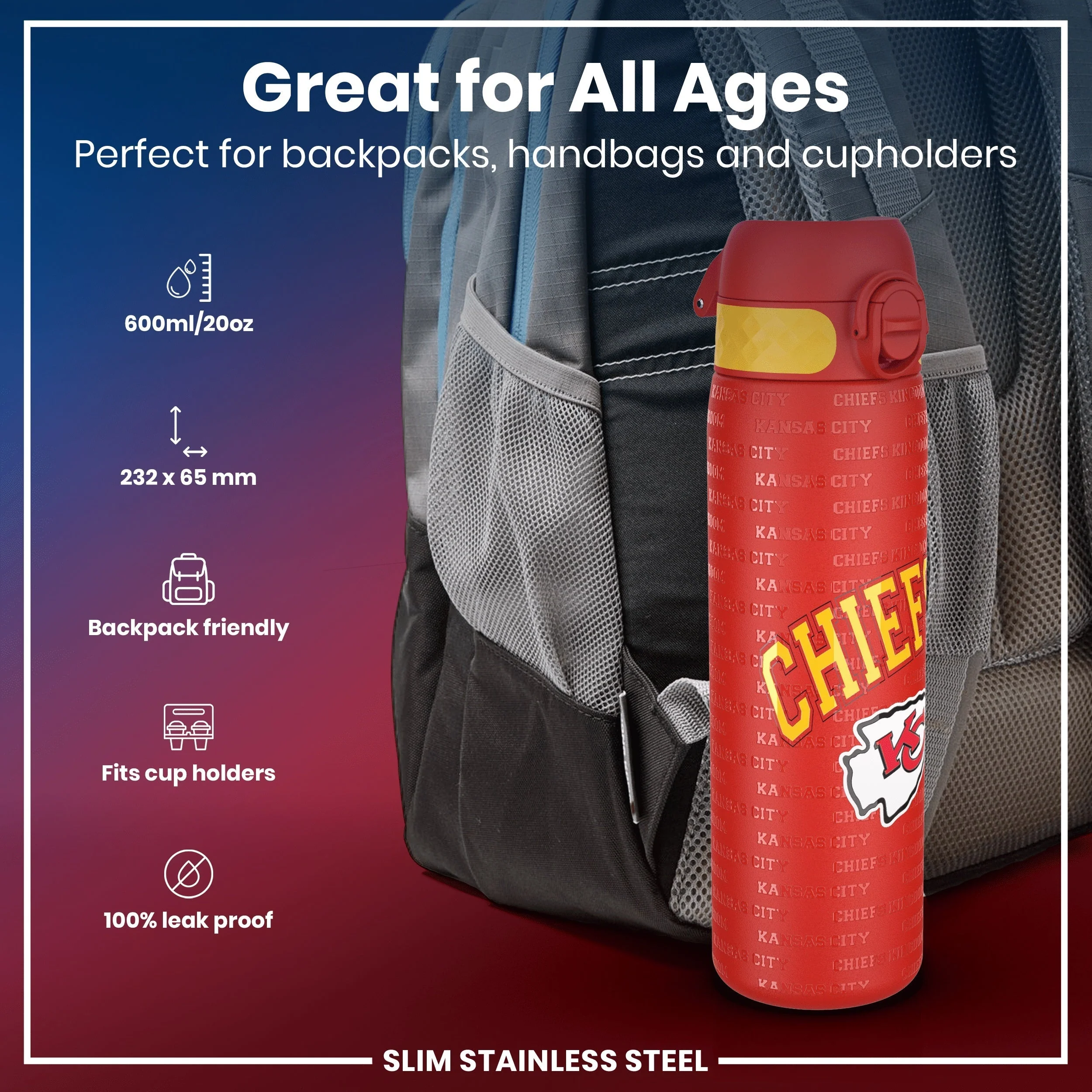 NFL x ION8, Leichte Edelstahl, Kansas City Chiefs, 600 ml - Image 2