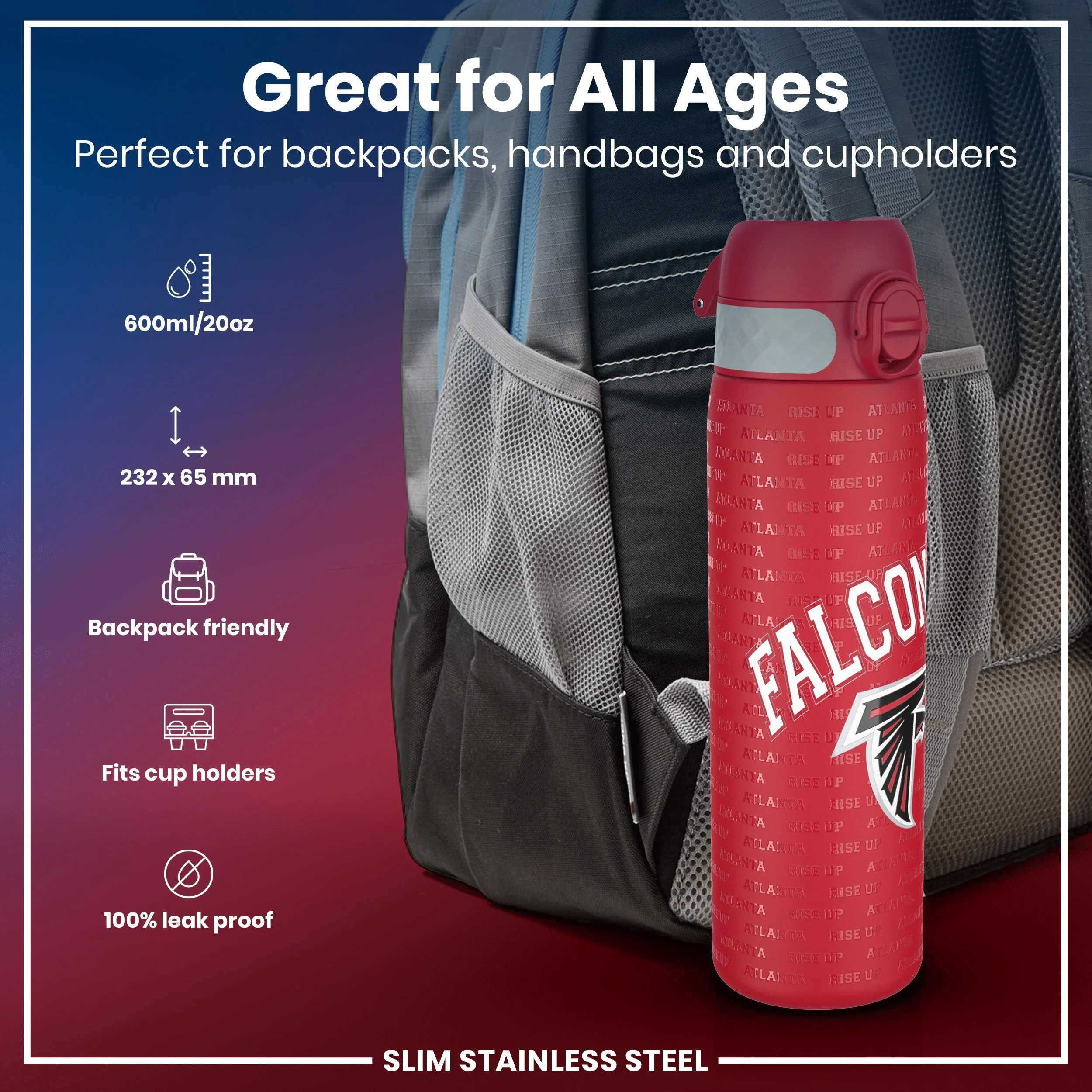 NFL x ION8, Leichte Edelstahl, Atlanta Falcons, 600 ml - Image 2