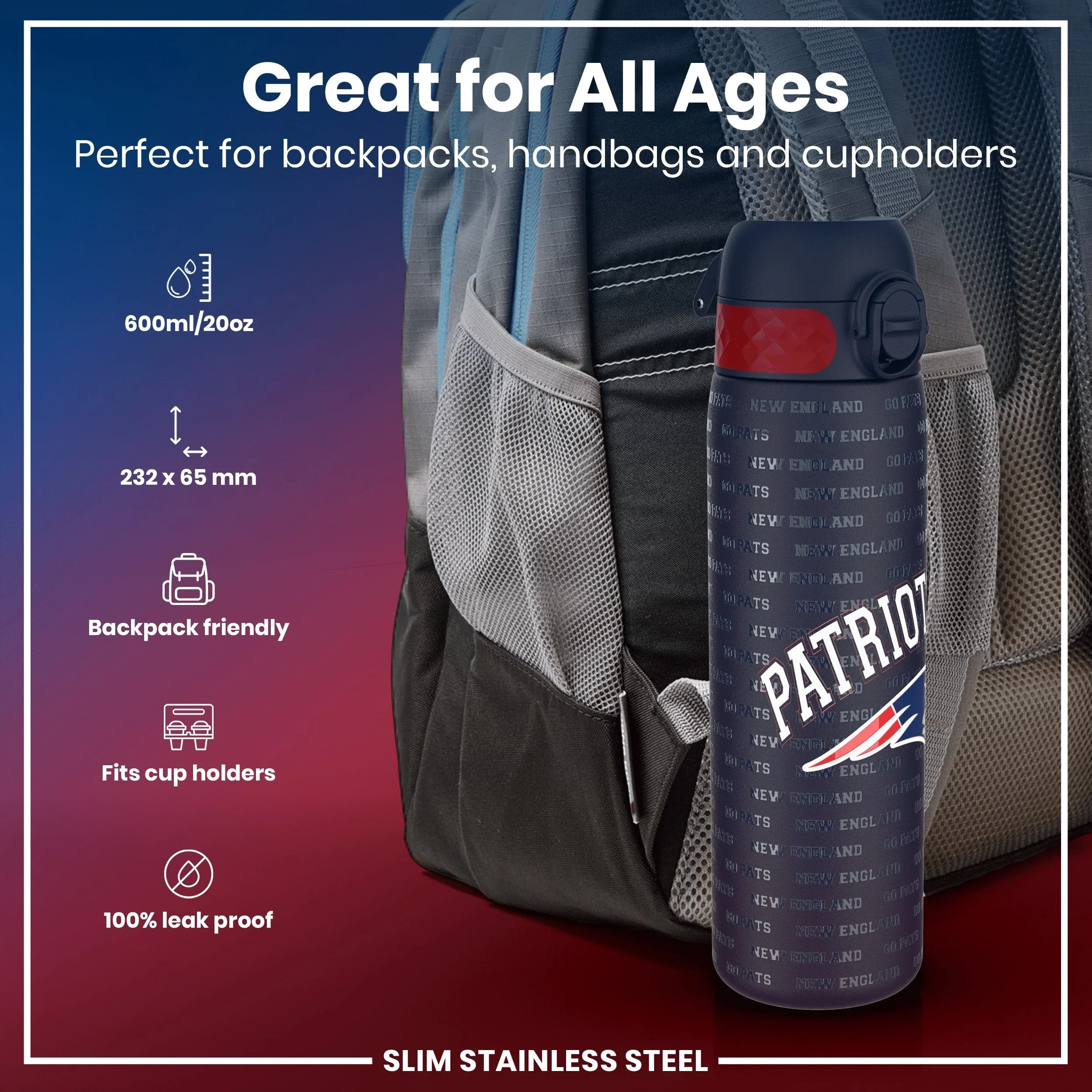 NFL x ION8, Leichte Edelstahl, New England Patriots, 600 ml - Image 2
