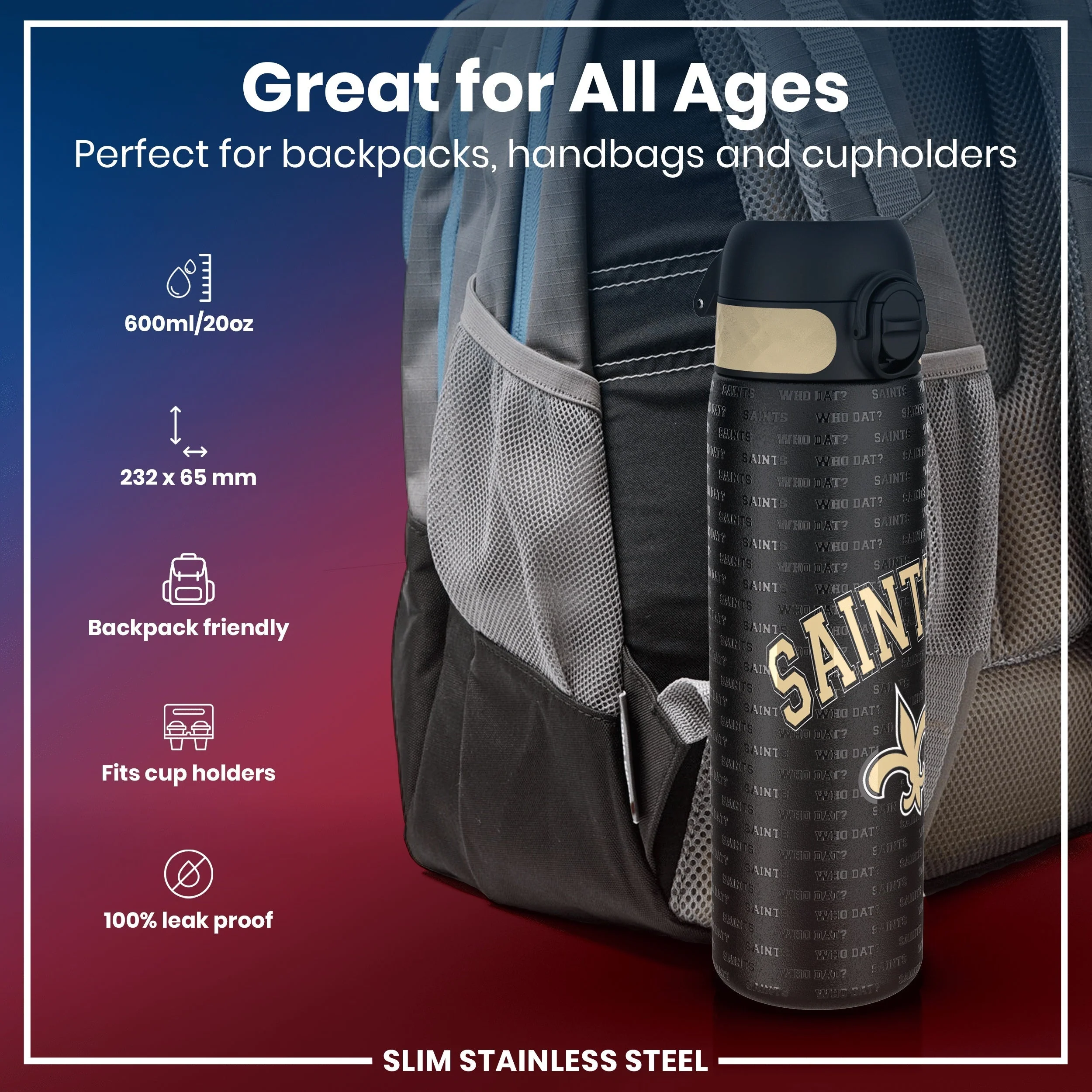 NFL x ION8, Leichte Edelstahl, New Orleans Saints, 600 ml - Image 2