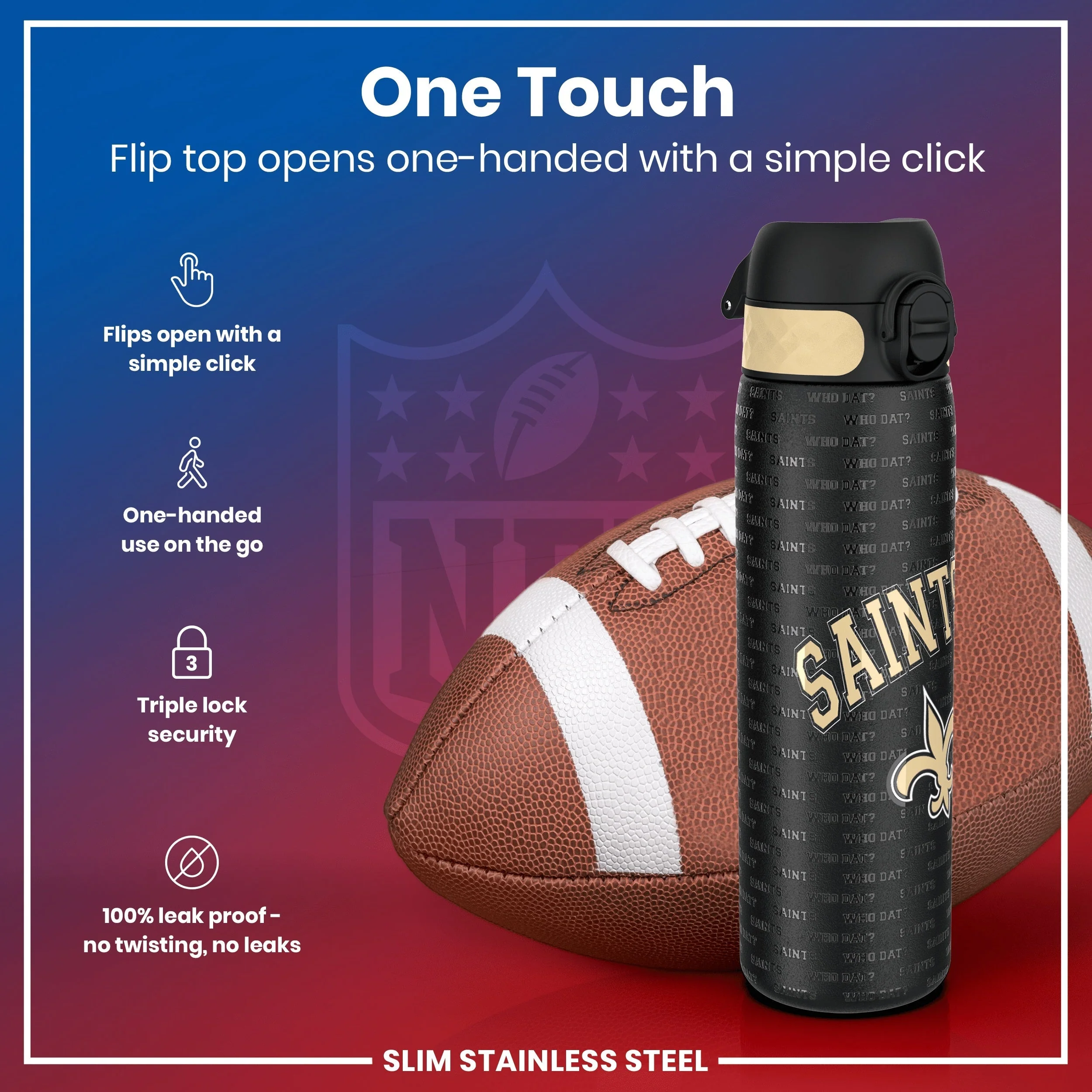 NFL x ION8, Leichte Edelstahl, New Orleans Saints, 600 ml - Image 3