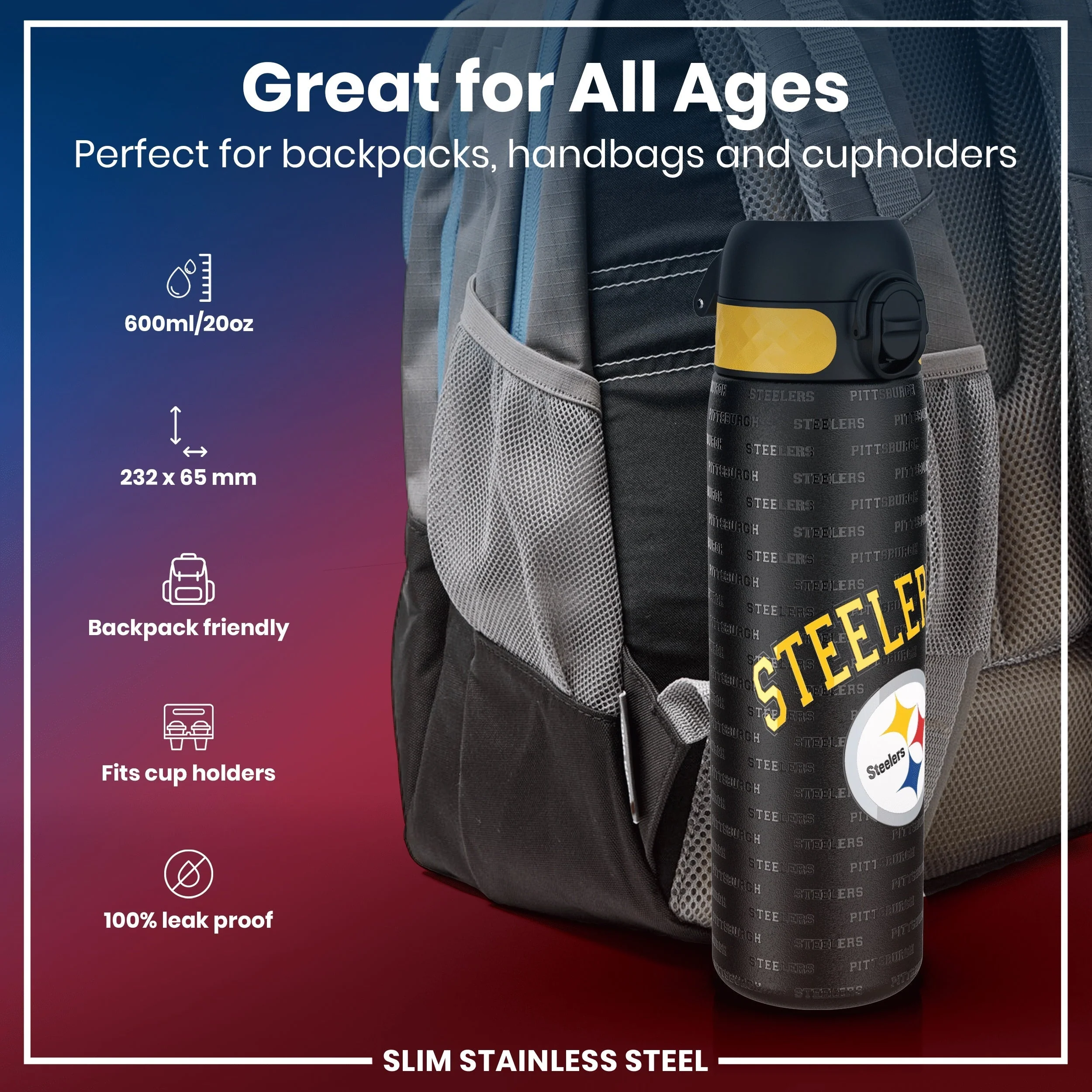 NFL x ION8, Leichte Edelstahl, Pittsburgh Steelers, 600 ml - Image 2