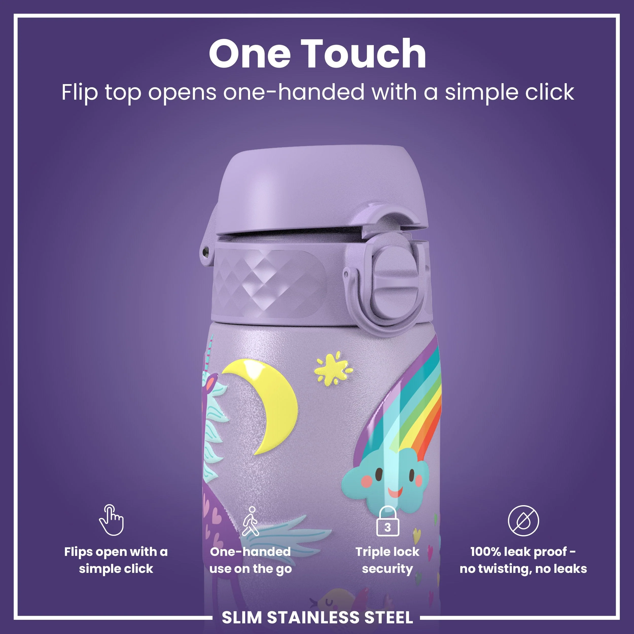 Leichte Edelstahl-Trinkflasche, violette Einhörner, 600 ml - Image 3