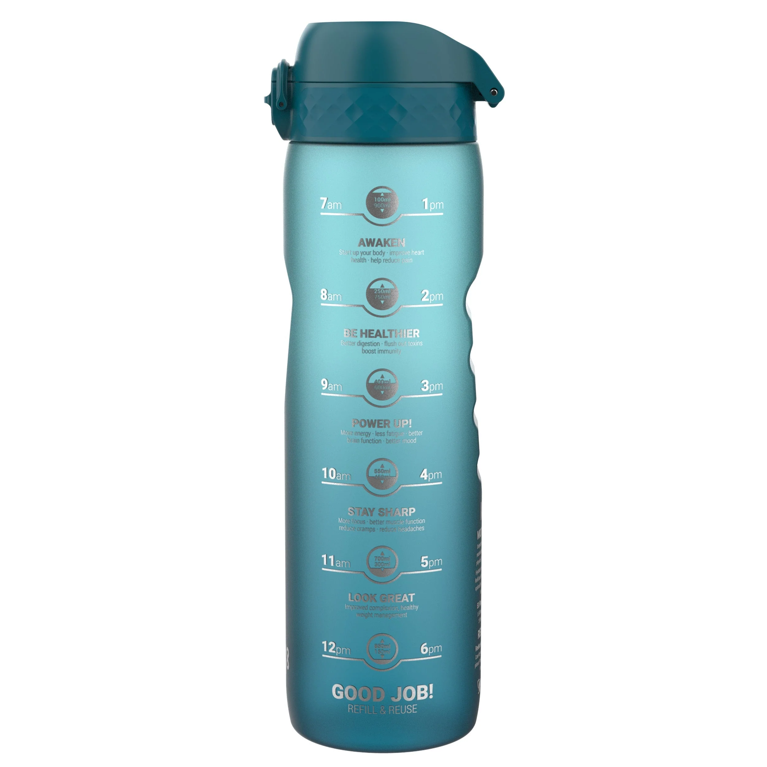 Recyclon-Trinkflasche mit Trinkzeiten, Türkis & Blau, 1 L