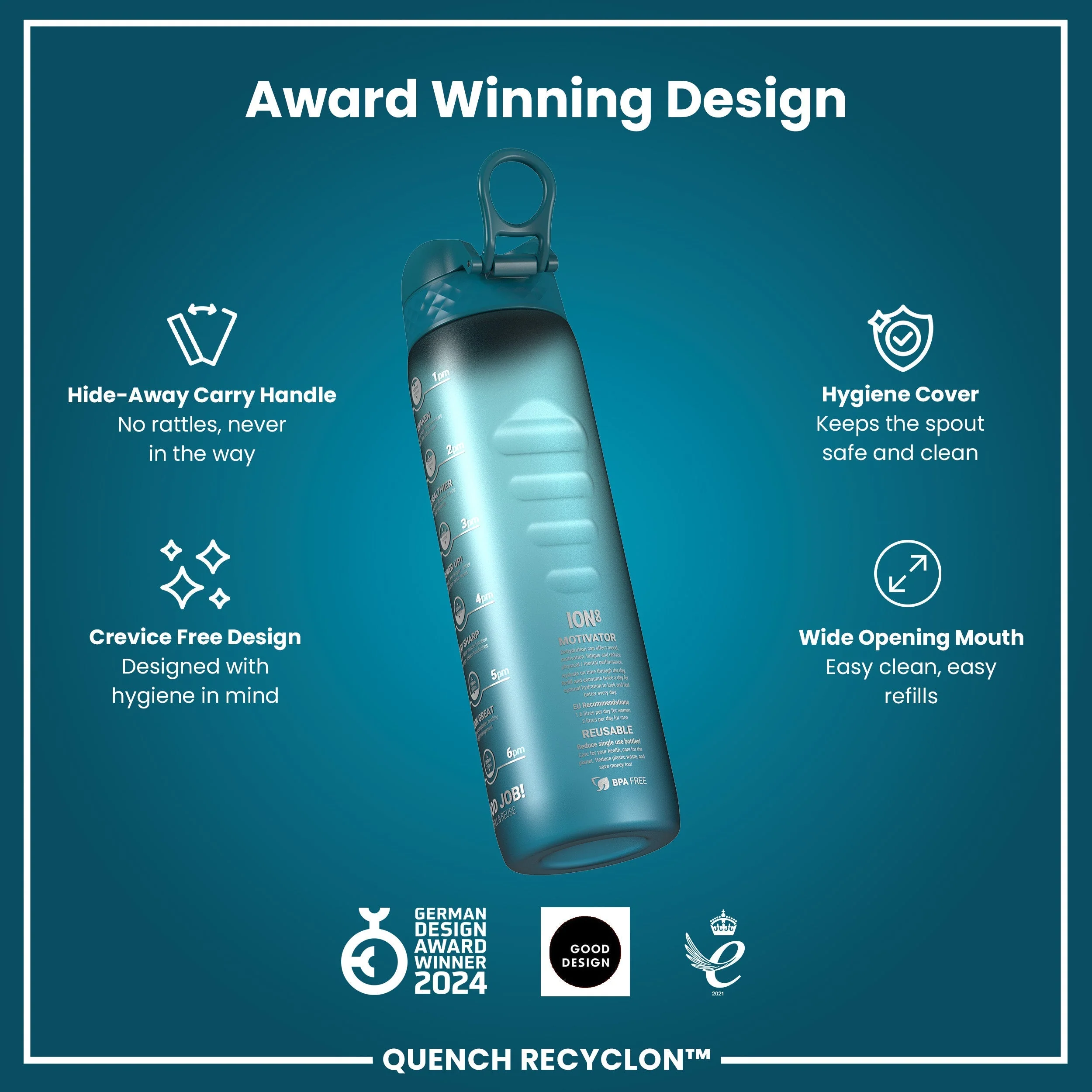 Recyclon-Trinkflasche mit Trinkzeiten, Türkis & Blau, 1 L - Image 6