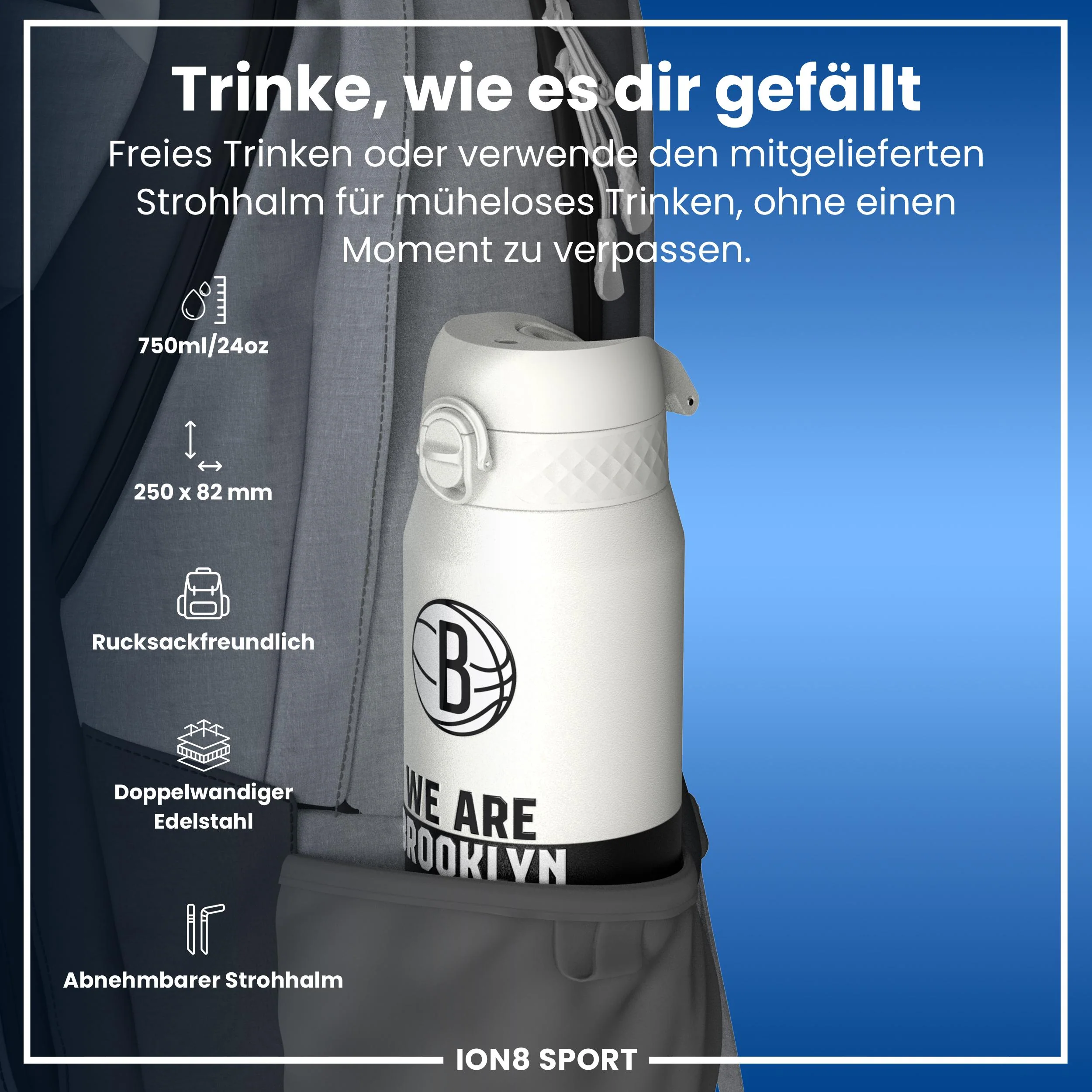 NBA x ION8, Isolierte Edelstahl, Brooklyn Nets, 750 ml - Image 2