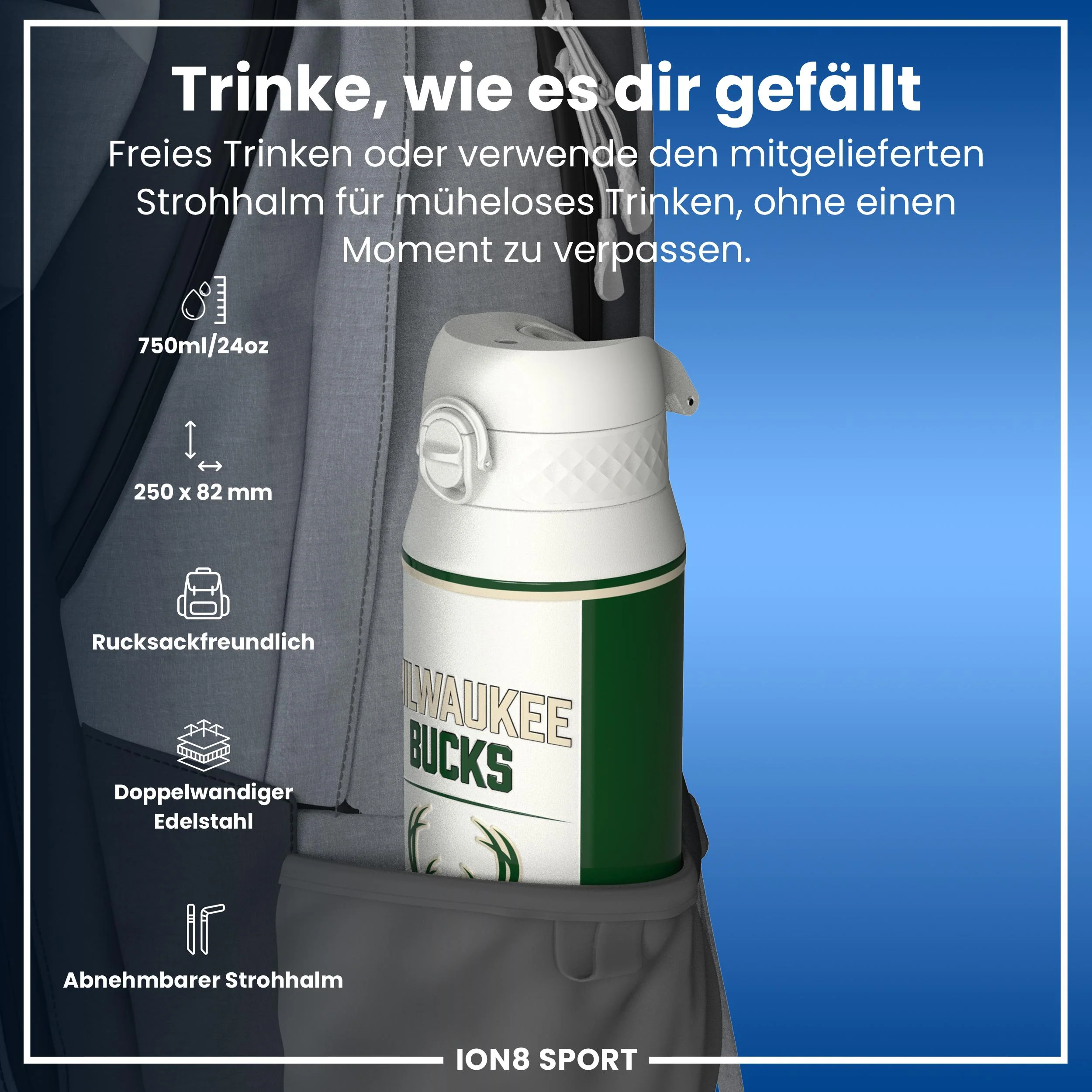 NBA x ION8, Isolierte Edelstahl, Milwaukee Bucks, 750 ml - Image 2