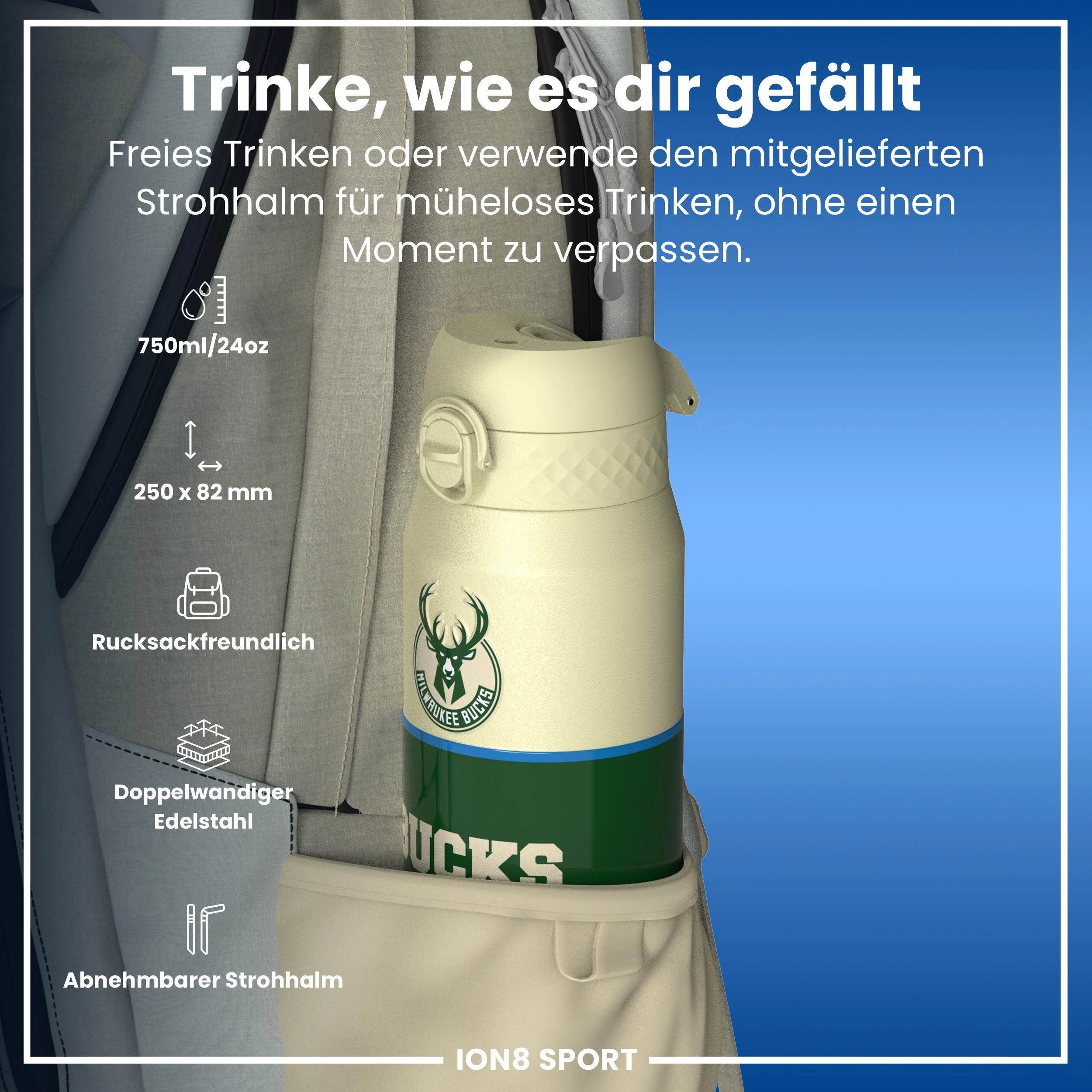 NBA x ION8, Isolierte Edelstahl, Milwaukee Bucks, 750 ml - Image 2