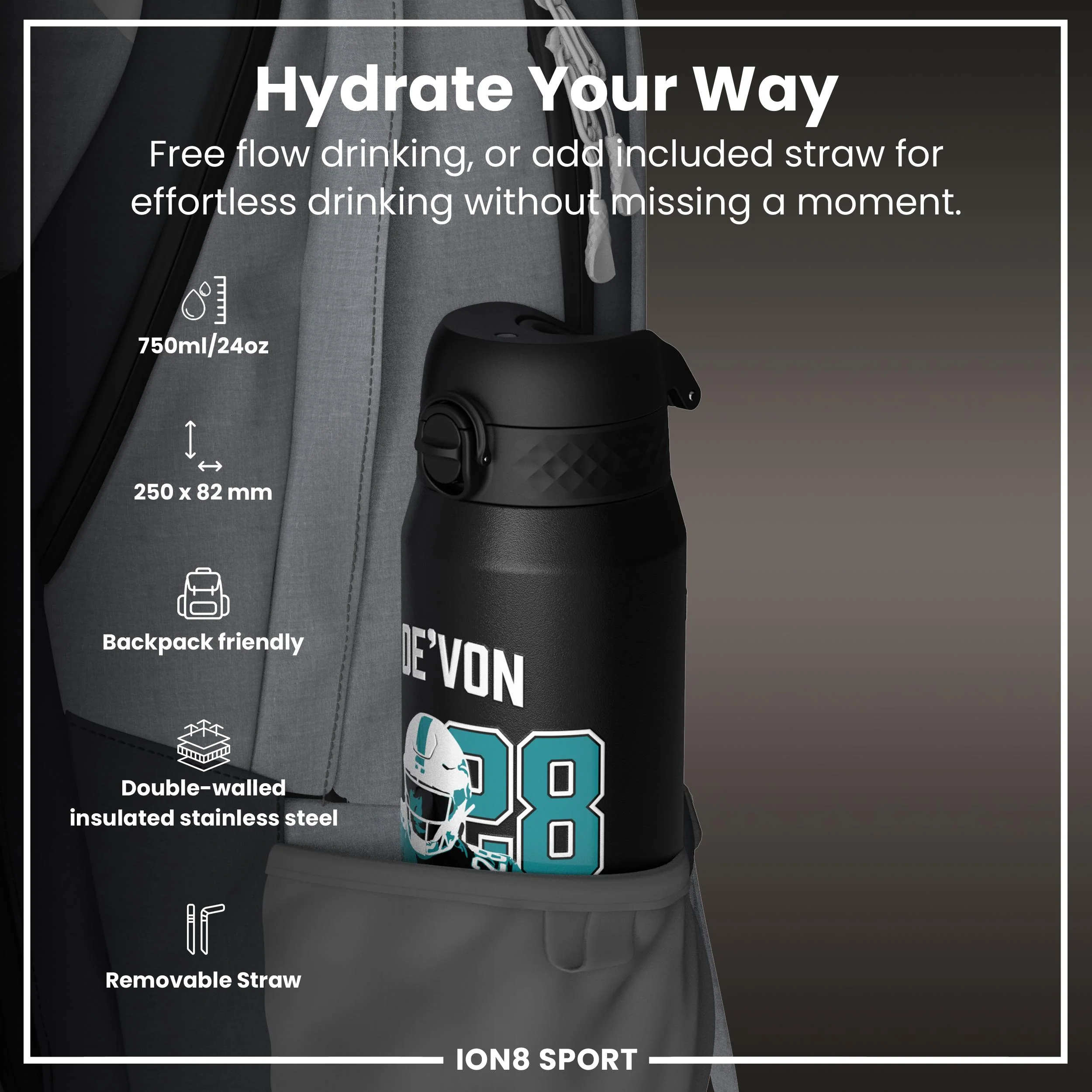 NFL x ION8, Isolierte Edelstahl, Locked In Series, De'Von Achane, 750 ml - Image 2